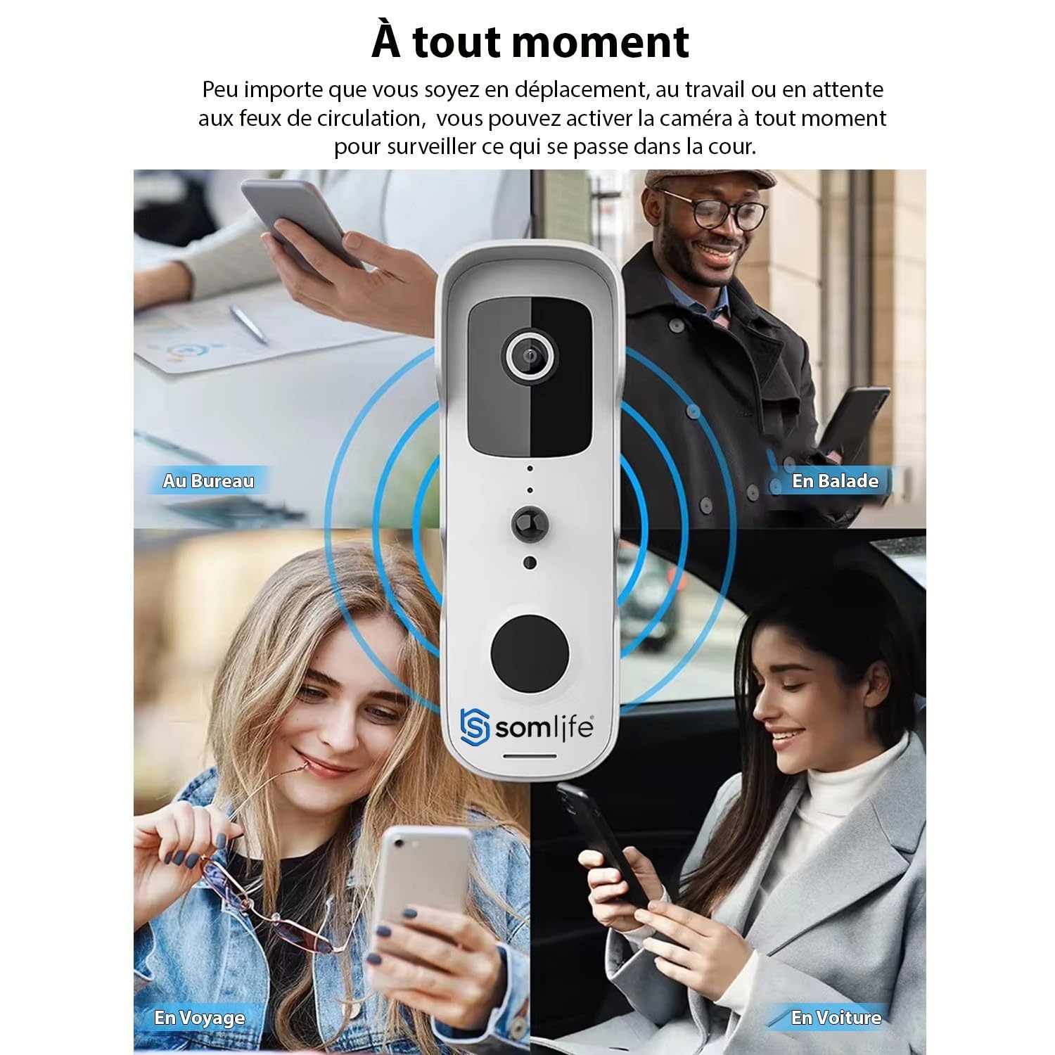 Sonnette portier HD SomLife app tuya smart life autonome sans fils alerte direct smartphone, vision nocture carillon fourni