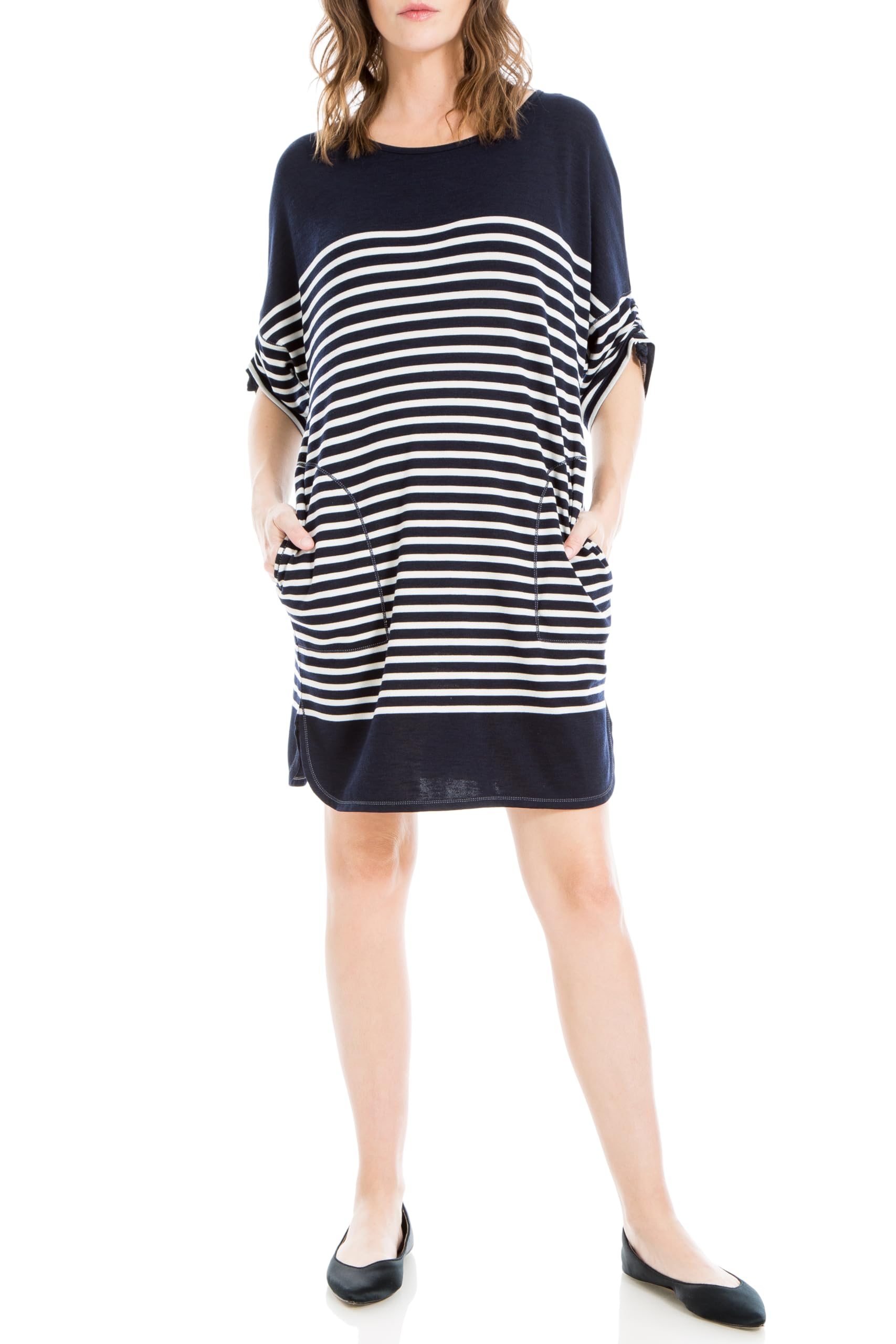 Max StudioWomen's Spring 2023 Fashion Casual Ruched Sleeve Striped Everyday Short Dress with Pockets