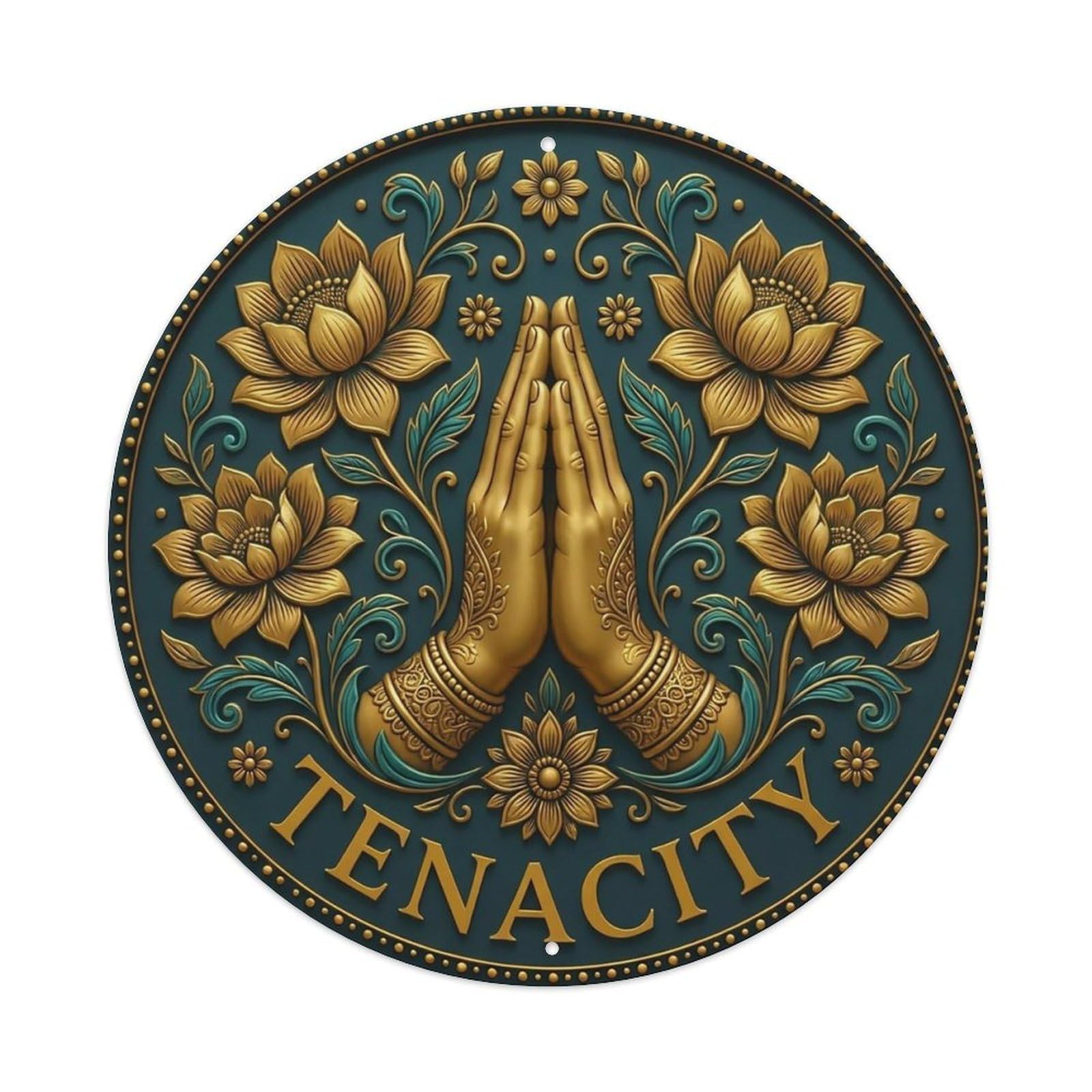 Vintage Namaste Praying Hands Tenacity Flower Zen Yoga Metal Tin Sign