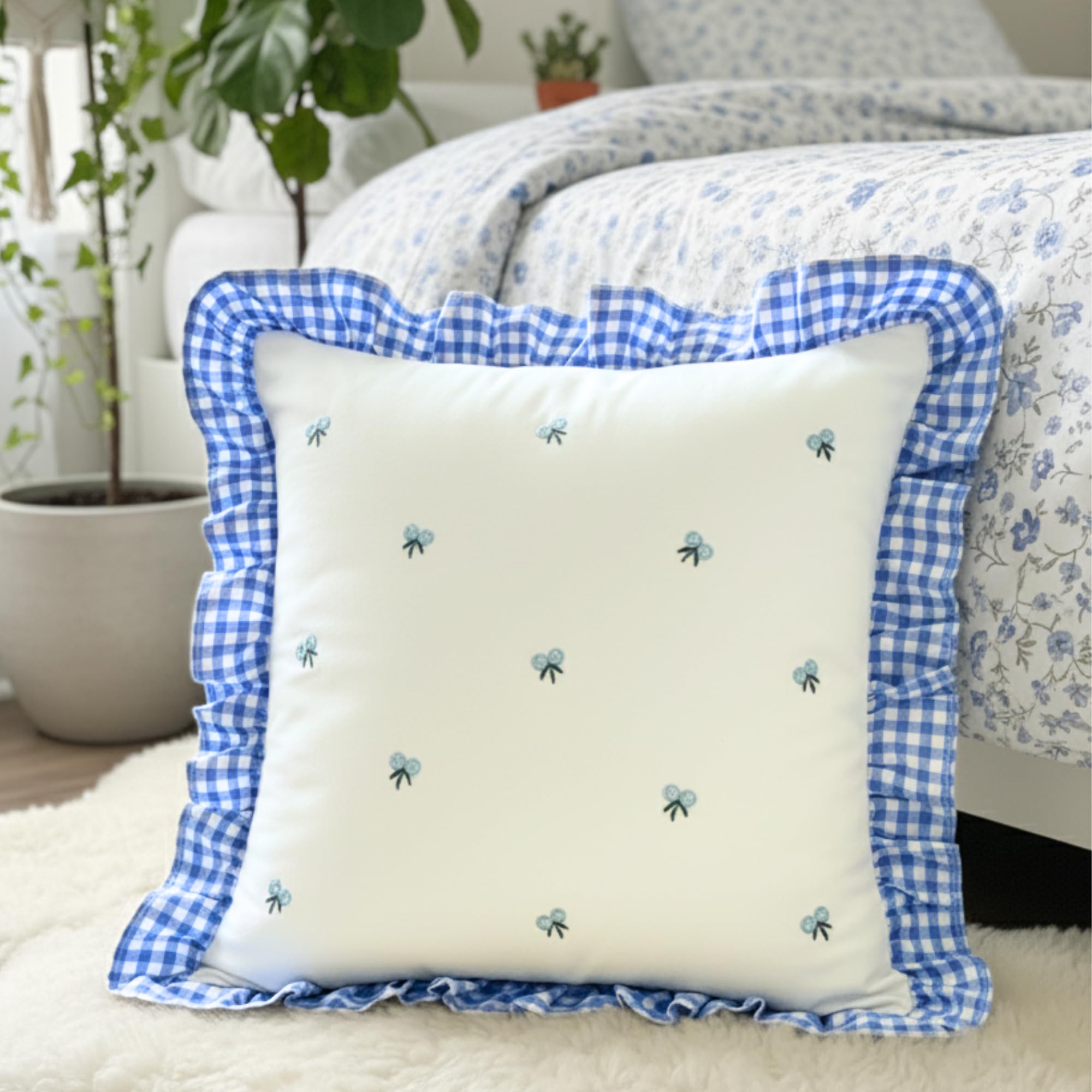 Blue & White Cotton Cushion Cover | 16 x 16 inch/ 40 x 40 cm | Square Floral Embroidered with Ruffle Frill Edging Throw for Sofa, Living Room, Bedroom, Deewan, Couch-image-23