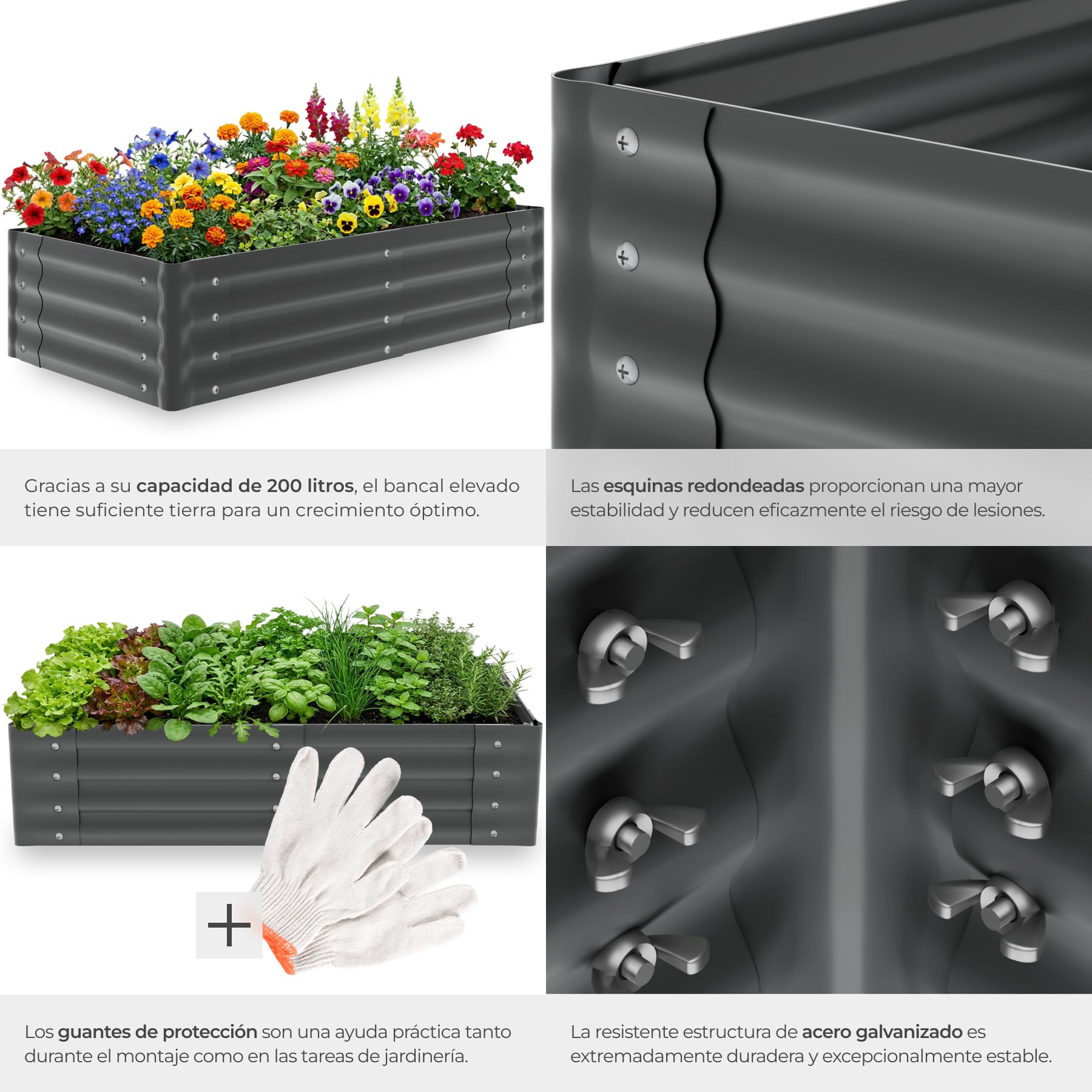 tectake® Bancal Elevado de 200L, para Huerto Urbano, Jardineras Exterior Grandes, Maceteros Grandes Exterior, Jardin, Macetero Grande, con Guantes, Suelo Abierto, Malla Metalica - 120 x 60 x 30 cm