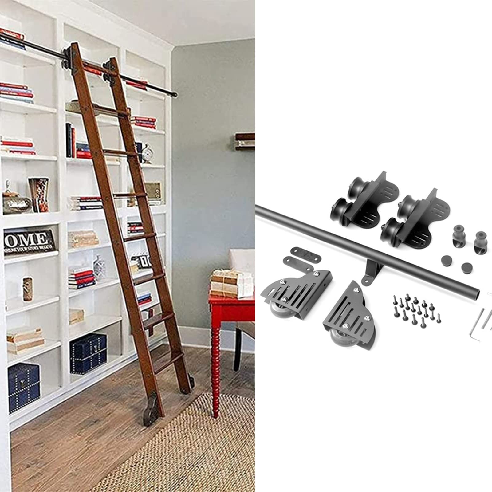 Kit de herrajes para escalera móvil con riel redondo negro y ruedas de suelo para lofts modernos