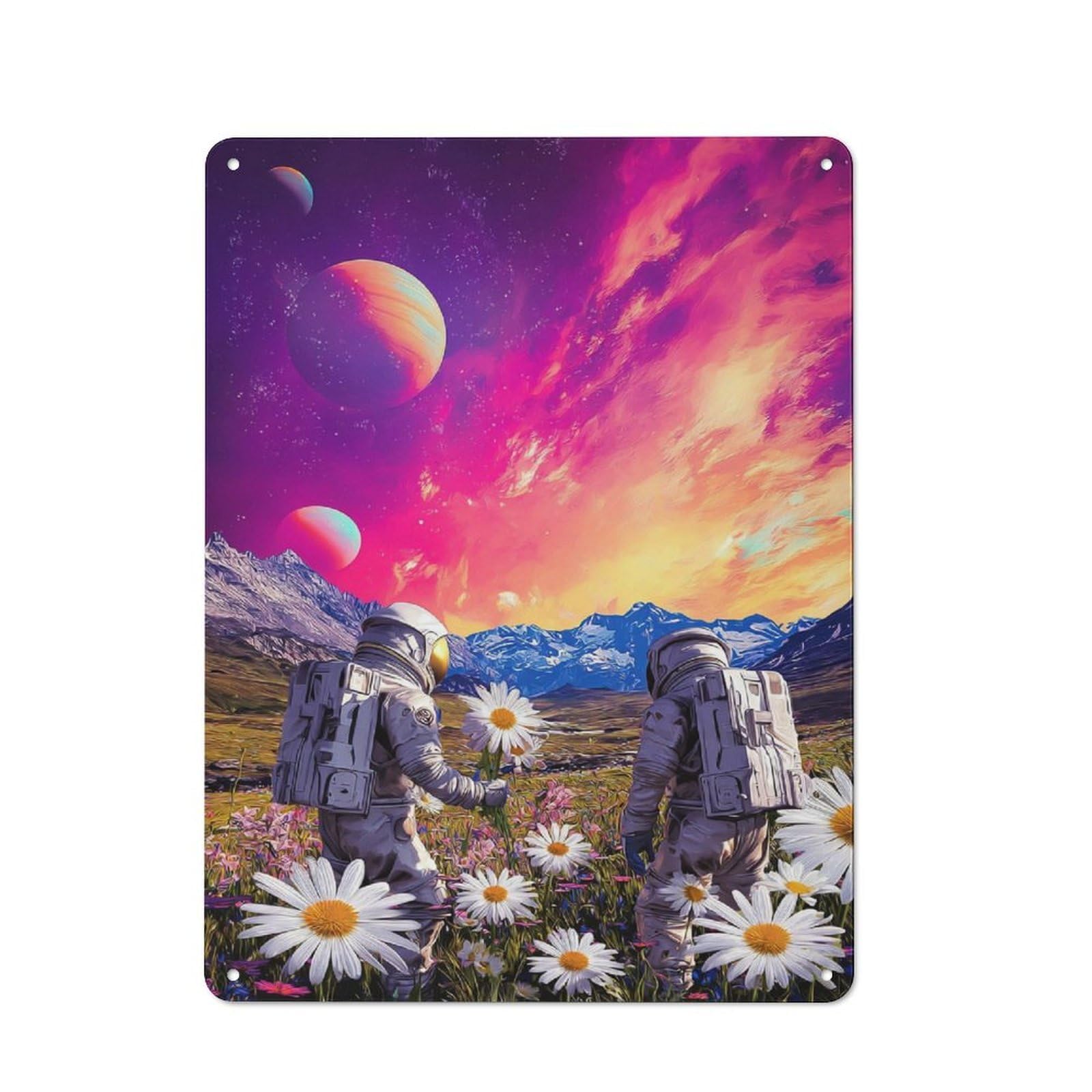 Junmoney Astronauts In A Field Of Flowers Rustic Tin Sign 40X30cm, Vintage Porch Wall Decor For Conservatory, Home Bar Or Utility Room