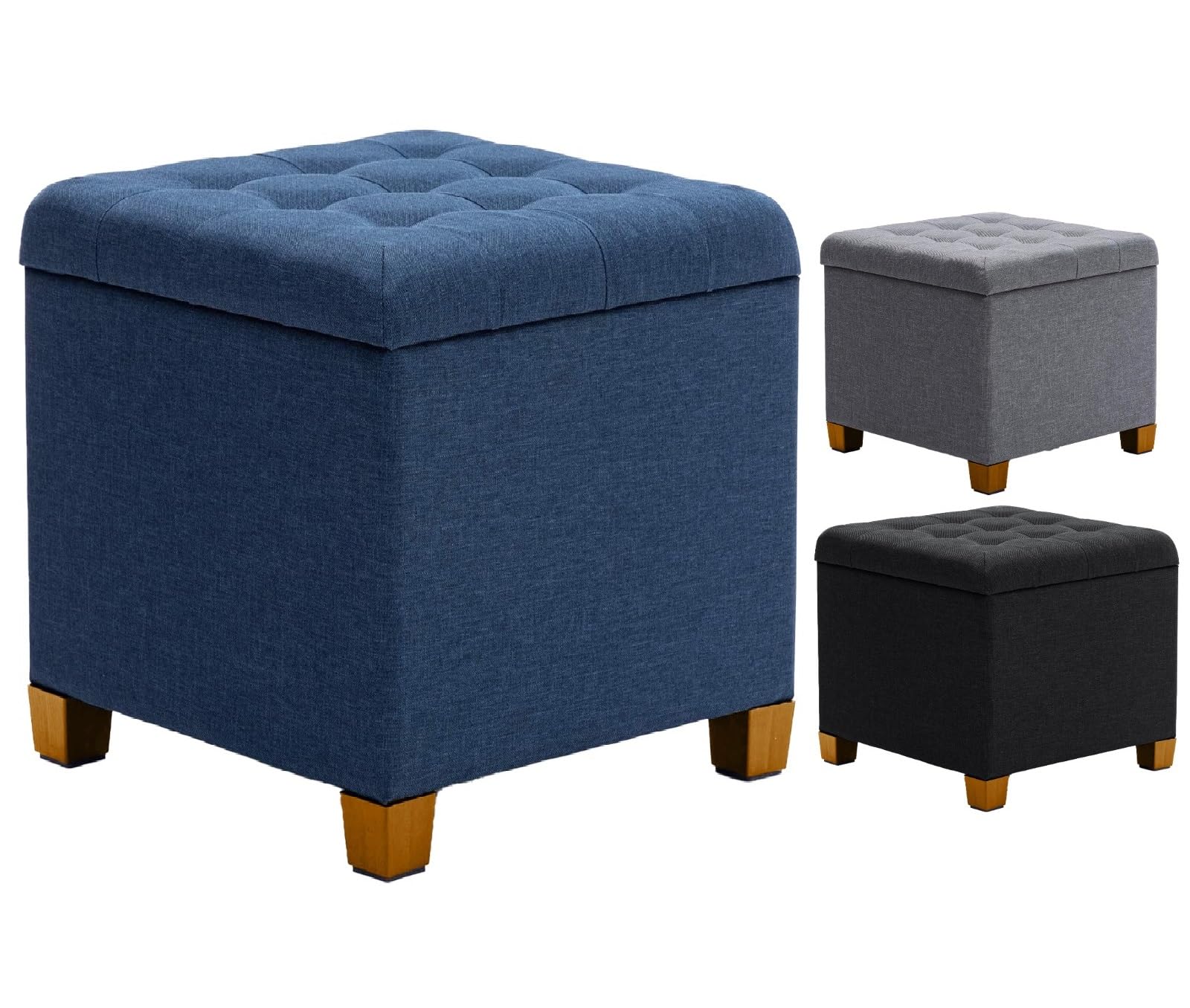 A406 Square Ottoman Storage Padded Stool Foot stool Linen Fabric Stoage Box With Lid Storage Bench Pouffe Seat Stool (Navy)