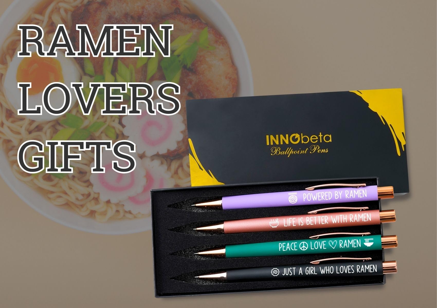 InnoBeta Ramen Gifts, Powered by Ramen, Japanese Gifts, Ballpoint Pen Set of 4
