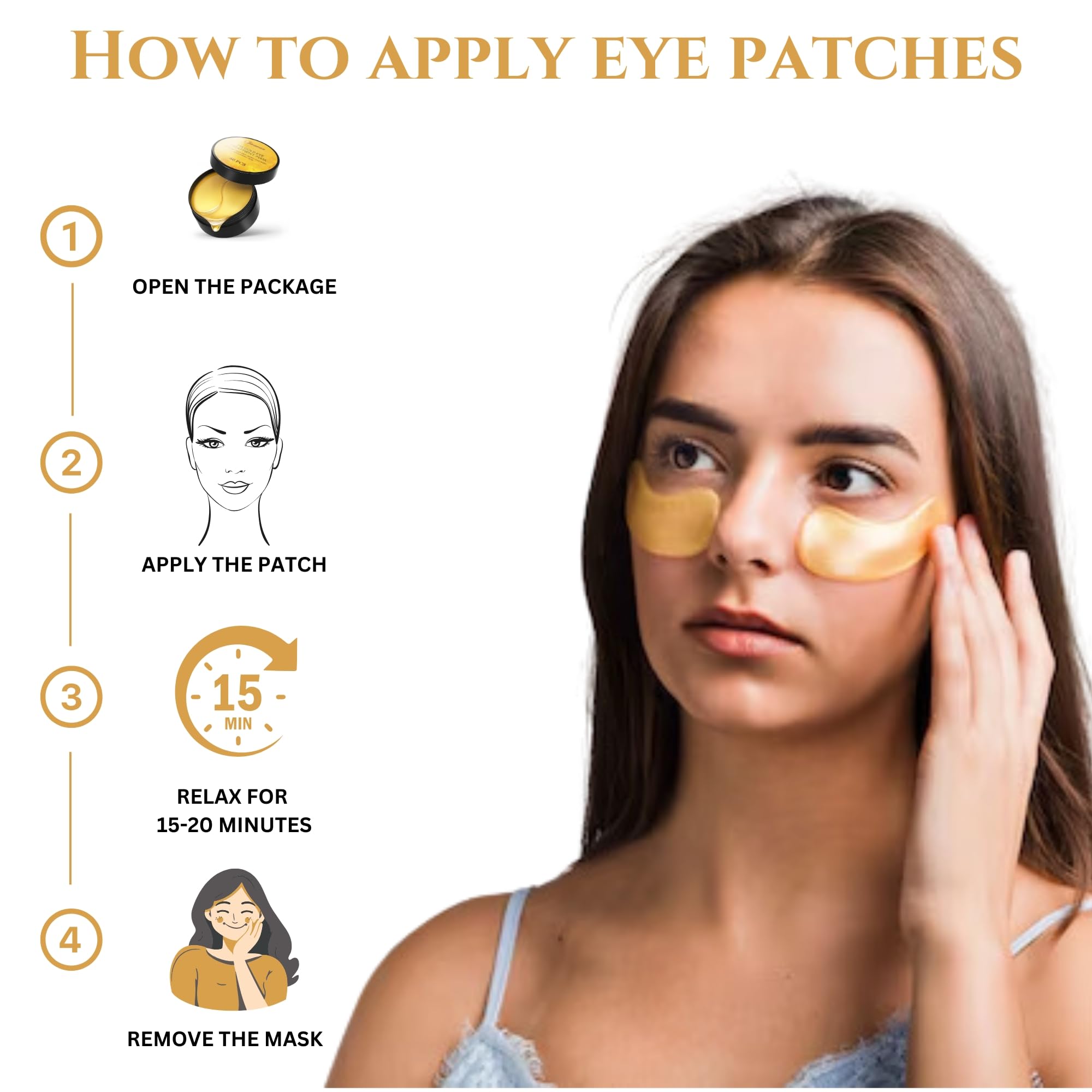 Under Eye Mask, 24k Gold Under Eye Gel Patches to Reduce Dark Circles and Puffy Eye Bags, 60 Pcs Collagen Eye Patches - Image 3