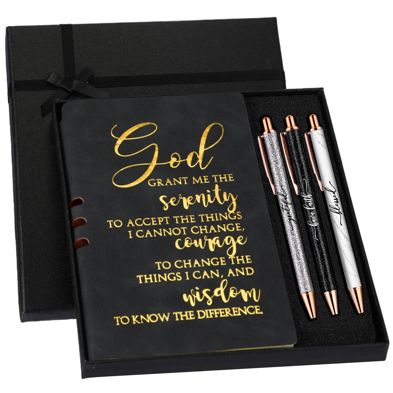 Spakon 5 Pcs Sobriety Gifts for Women Serenity Prayer Gifts Recovery AA Gifts Christian Journal Gift Leather Notebook 3 Ballpoint Pens with Box for Pastor's Wife Godmother Sunday School, Black โ image 1