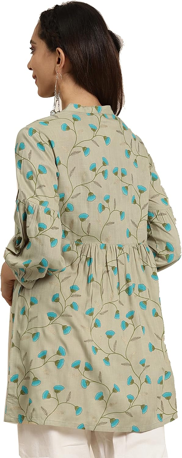 Yash Gallery Women's Rayon Leaf Printed Stand Hip Length Collar 3/4 Puff Sleeve Indian Short Kurta For Summer - Image 4