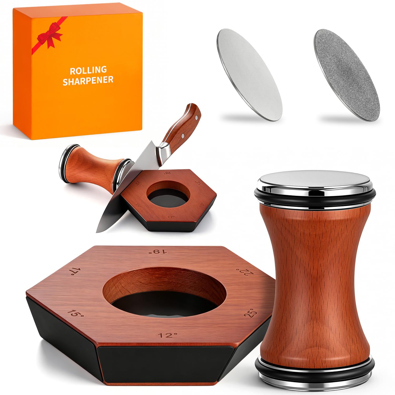 Rollschleifer Messerschärfer mit 6 Magnetwinkeln (12°/15°/17°/19°/22°/25°), 4 Diamant-Schärfklingen für jede Stahlhärte, 400 & 1000 Grit – Präzisions-Schärfwerkzeug für gerade Kanten, Geschenkbox