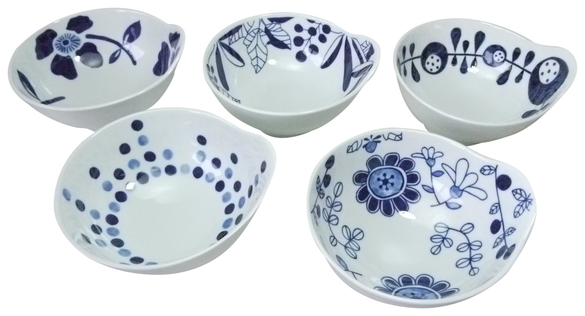 西日本陶器 食器 器 ボウル 中鉢 とんすい 5個 セット 有田焼 持ちやすい絵変りボウル 5柄組 白/紺色 約径13.5×最大幅14.3×高7.3㎝ 20327287