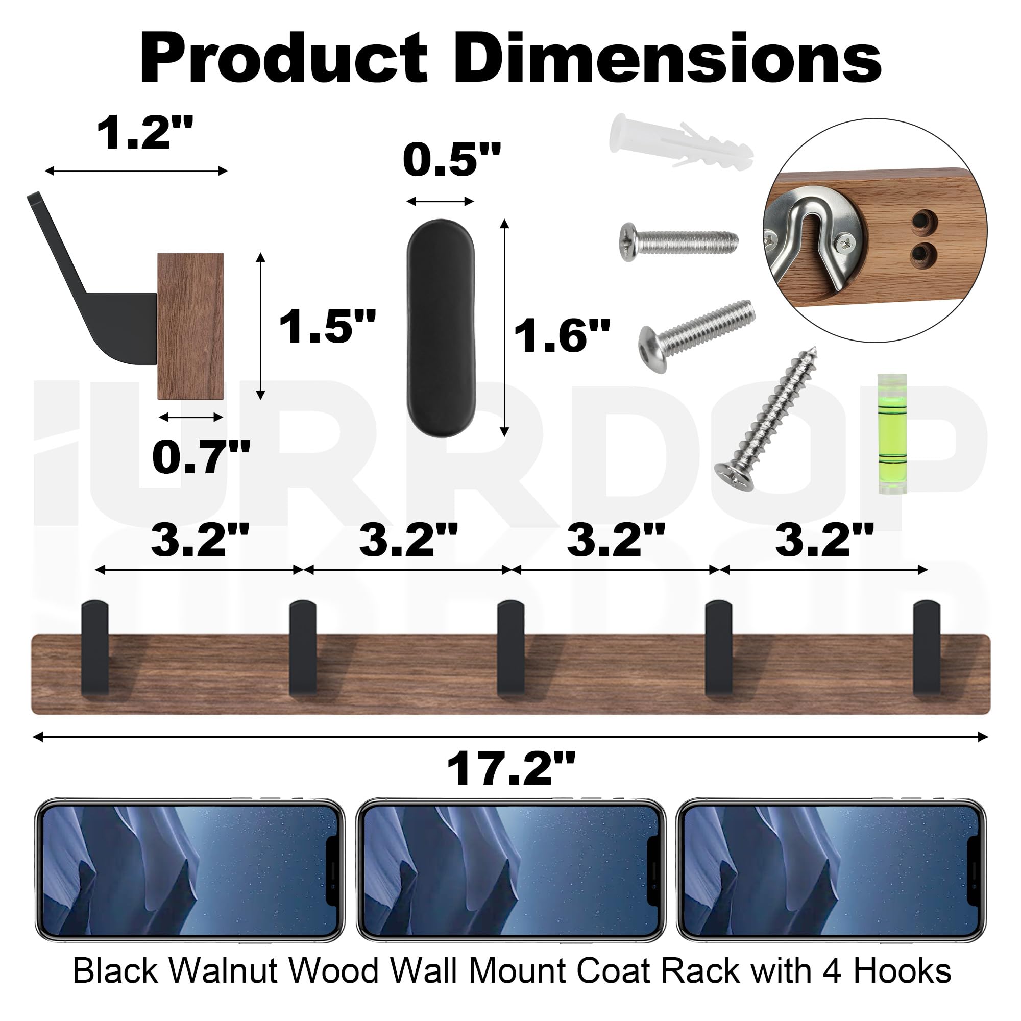 IURRDOP 17 Inch Walnut Wood Wall Mounted Coat Rack with 5 Black Hooks, Adhesive Mounted Entryway Hooks, Modern Natural Wooden Pegs for Hanging Coat Clothes Hat Bag Purse Key and Towel