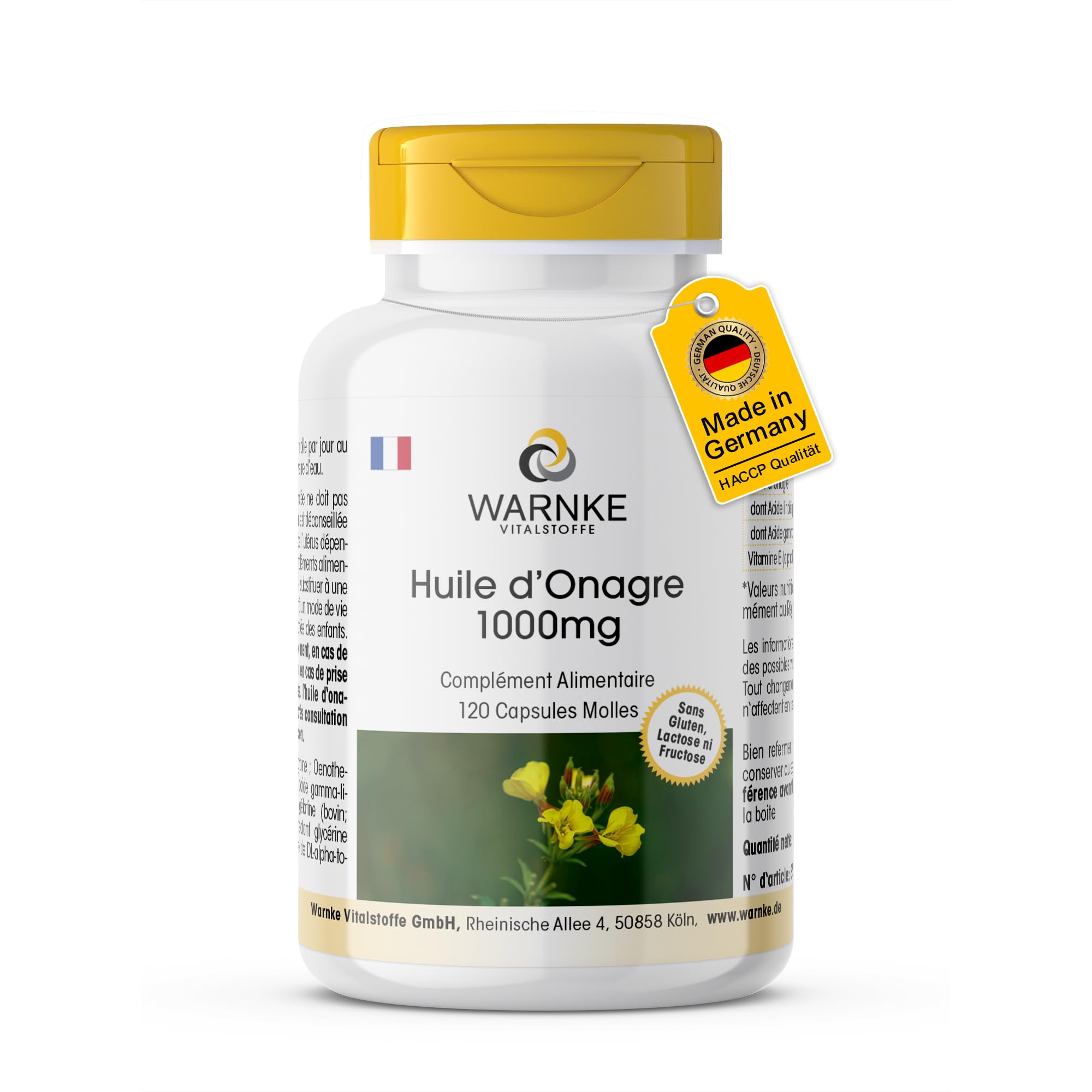 Huile d'onagre - avec 1000mg d'huile d'onagre dont 650mg d'acide linoléique et 10mg de vitamine E - 120 softgels - qualité pharmacie allemande - hautement dosé -| Warnke Vitalstoffe