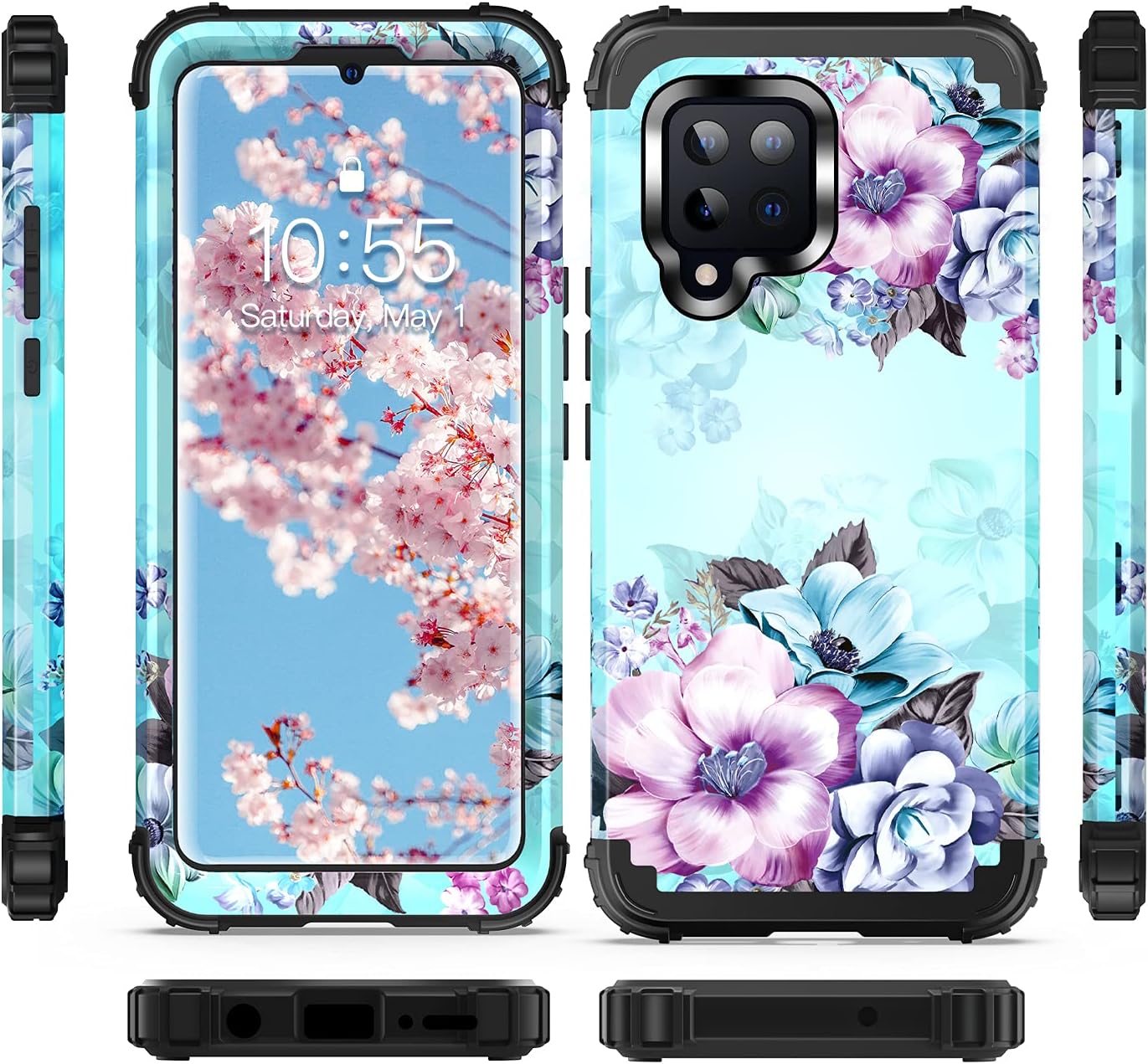 Casetego Compatible with Galaxy A42 5G Case,Floral Three Layer Heavy Duty Sturdy Shockproof Full Body Protective Cover Case for Galaxy A42 5G,Blue Flower