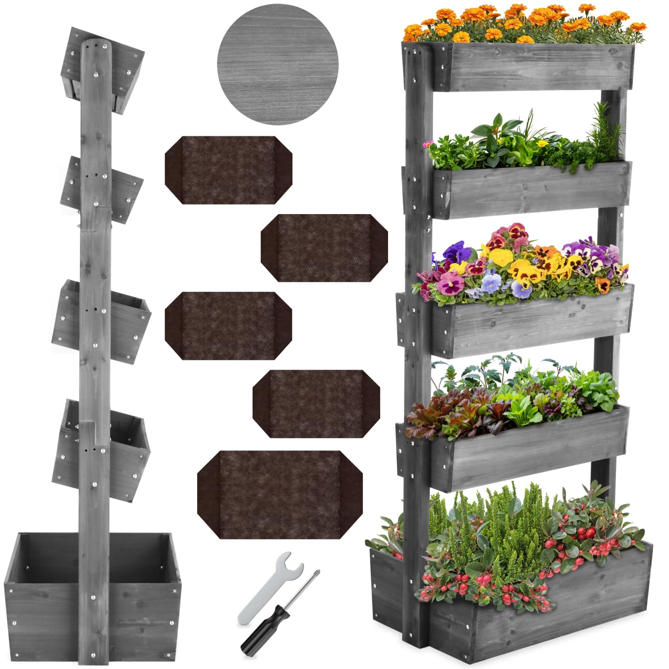 tectake® 5-Tier Vertical Planter in Varnished Fir Wood, Raised Planter for Flowers, Herbs & Vegetables, Incl. Fleece Lining, Raised Garden Bed for Garden, Patio & Balcony - Grey, 81 x 52 x 180 cm — image 1
