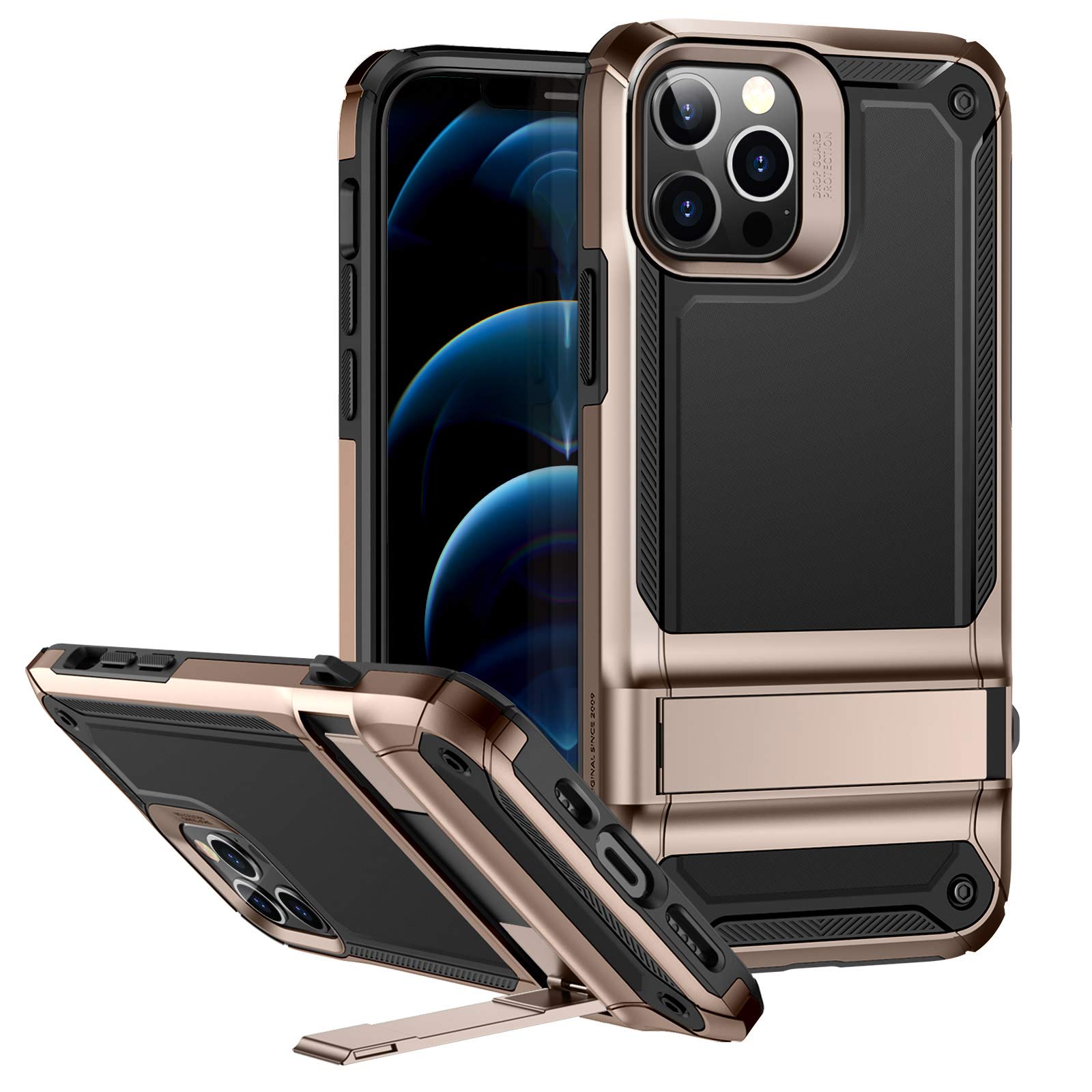 ESR for iPhone 12 & iPhone 12 Pro Case with Stand, 10FT Military-Grade Drop Protection, Heavy Duty Protection Phone Case, Vertical/Horizontal Stand, Gold