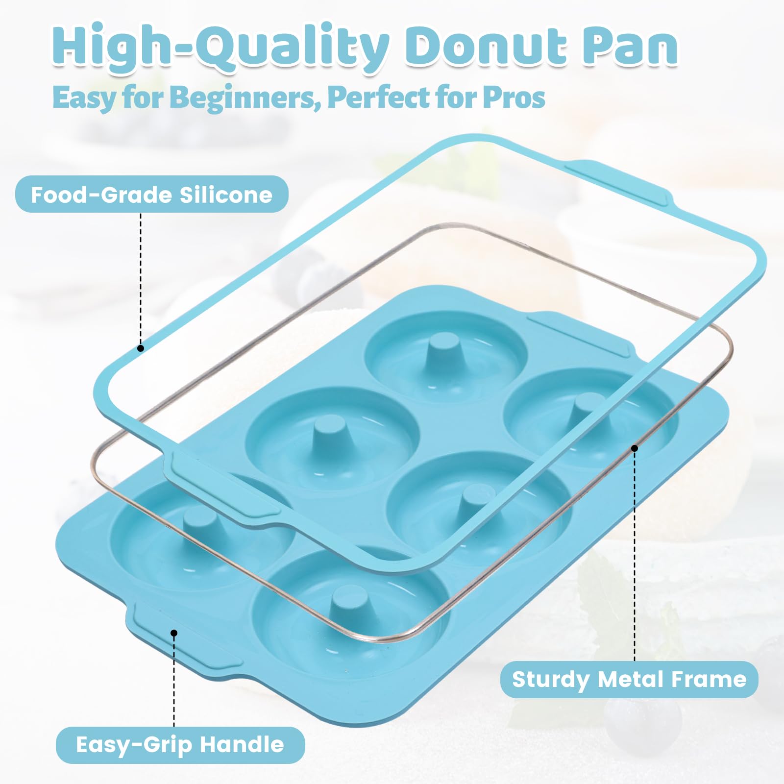 Molde de silicona antiadherente para donas de 3.5 pulgadas para hornear con marco de metal, paquete de 2 moldes para donas para hornear, 6 cavidades para horno y bandejas de bagel, no tóxico 3