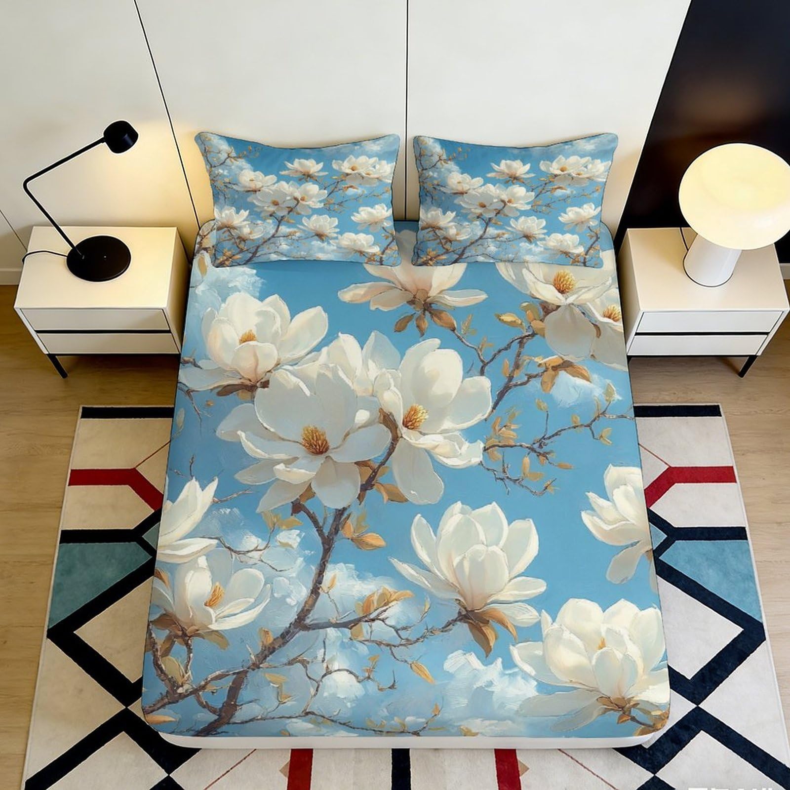 3D Printed Magnolia Blossom Fitted Sheet Microfiber Blue Floral Mattress Cover for Bedroom Guest Room Decor Dustproof 90x200x25cm