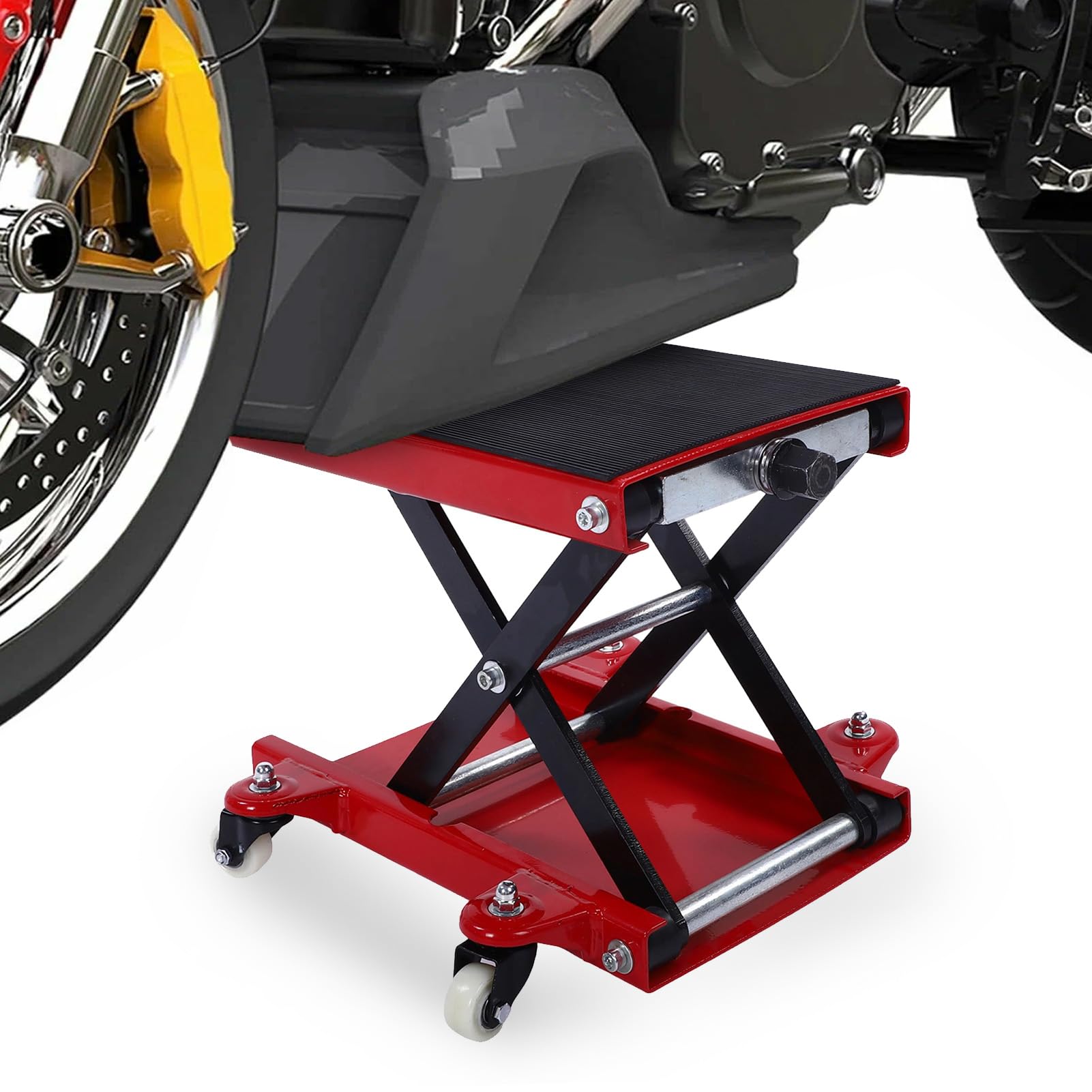 Akozon Gato Tijera para Moto 510kg de Capacidad, Rango de Elevación de 4,3 a 14,7 Pulgadas, Plataforma Ancha con 4 Ruedas para Motos Cruiser, Touring y Callejeras