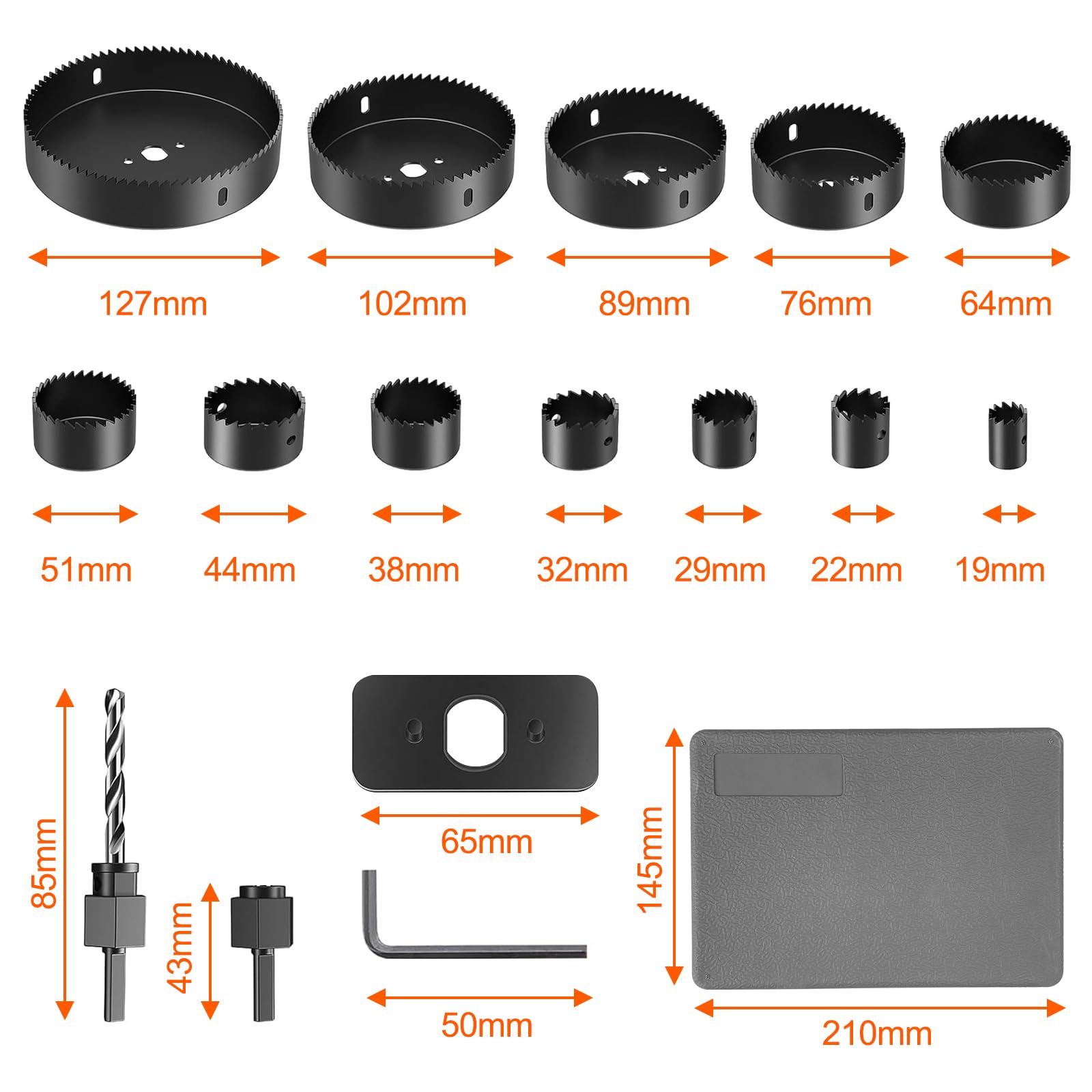 Brevanza 16 Pièces Seghe a Tazza 19-127mm, Sega a Tazza in Scciaio al Carbonio con Custodia Trasporto, Fresa a Tazza con Chiavi Esagonali e Trapano per Tavola in PVC Tavola in Plastica Alluminio Legno