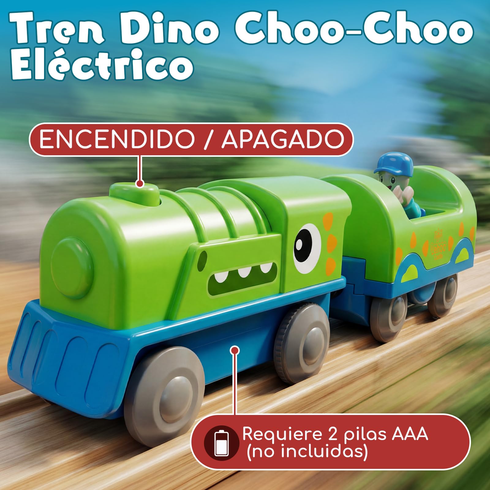 Lehoo Catsle Tren Juguete con Locomotora de Dinosaurios, Tren Electrico Juguete Niños 3+ Años, Juguetes de Mader, Tren Eléctrico Infantil, Regalo para Niño