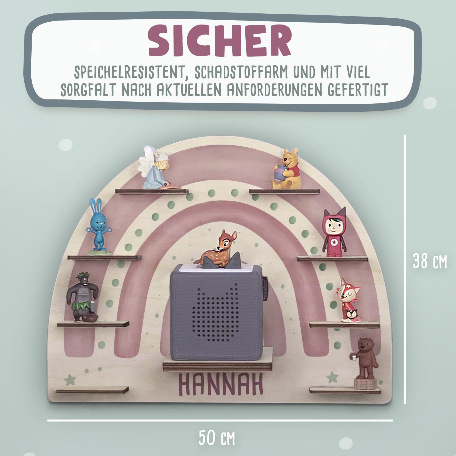 hellomini Personalisiertes Tonie Regal Mädchen - Toniebox 1 & Toniebox 2 Regal mit Wunschnamen fürs Kinderzimmer - Regal Mädchen - Kinder - Toniebox Aufbewahrung (Regenbogen Druck)