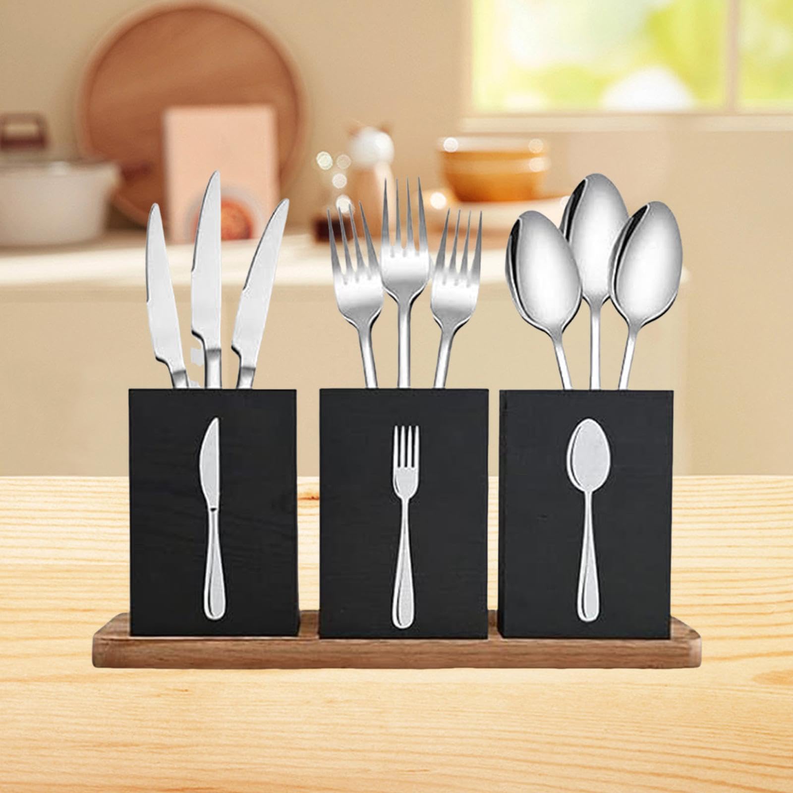 Porta Utensilios de Cocina, Porta Cubiertos, Organizador de Utensilios de Encimera de Madera con Bandeja, Organizador de Cubiertos para Cocinar Y para, Negro, tal como se describe
