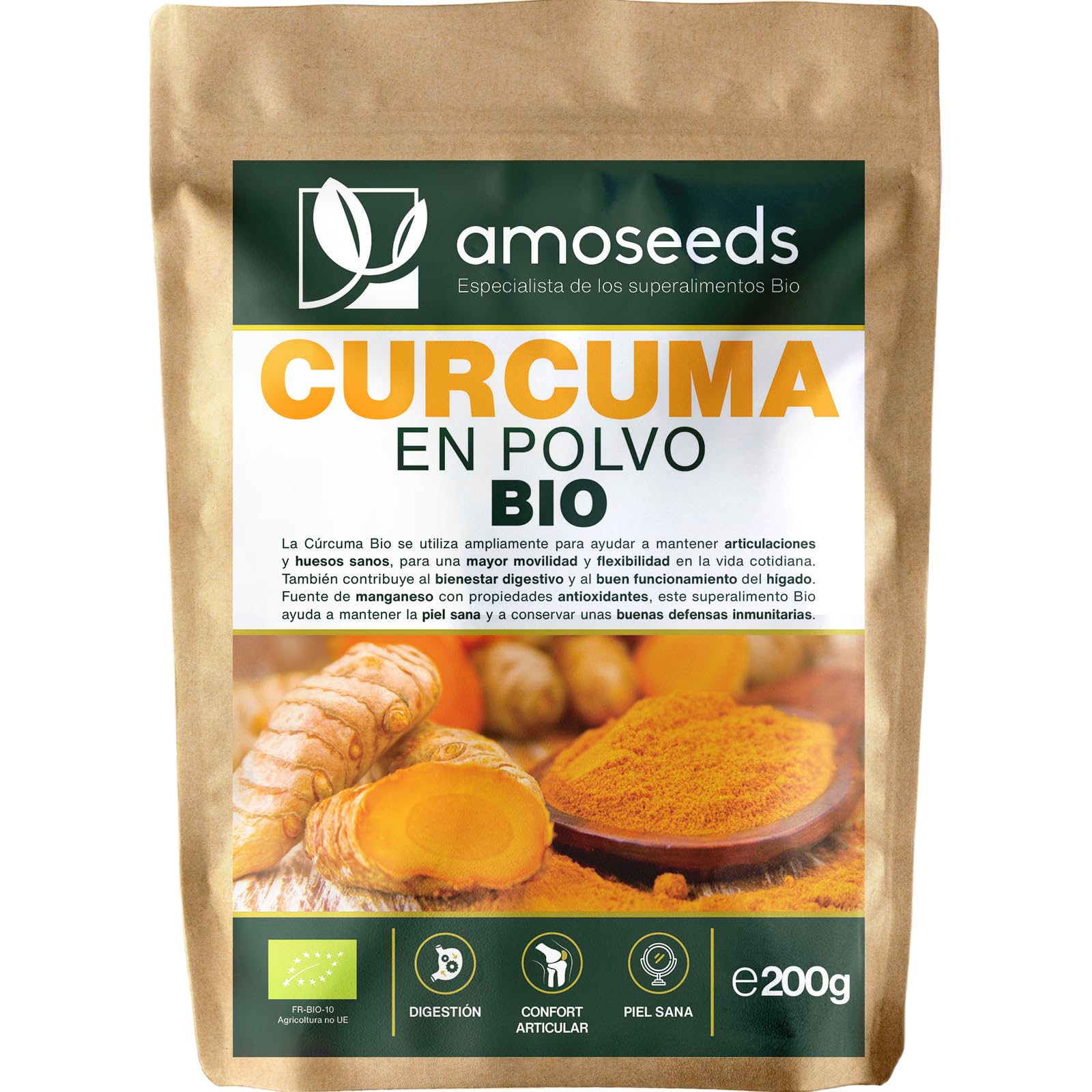 Cúrcuma en polvo Bio 200G | 100% Raíces de Cúrcuma Orgánica con Curcumina | Articulaciones, Digestión | Para Comidas, Golden Latte | Primera Calidad