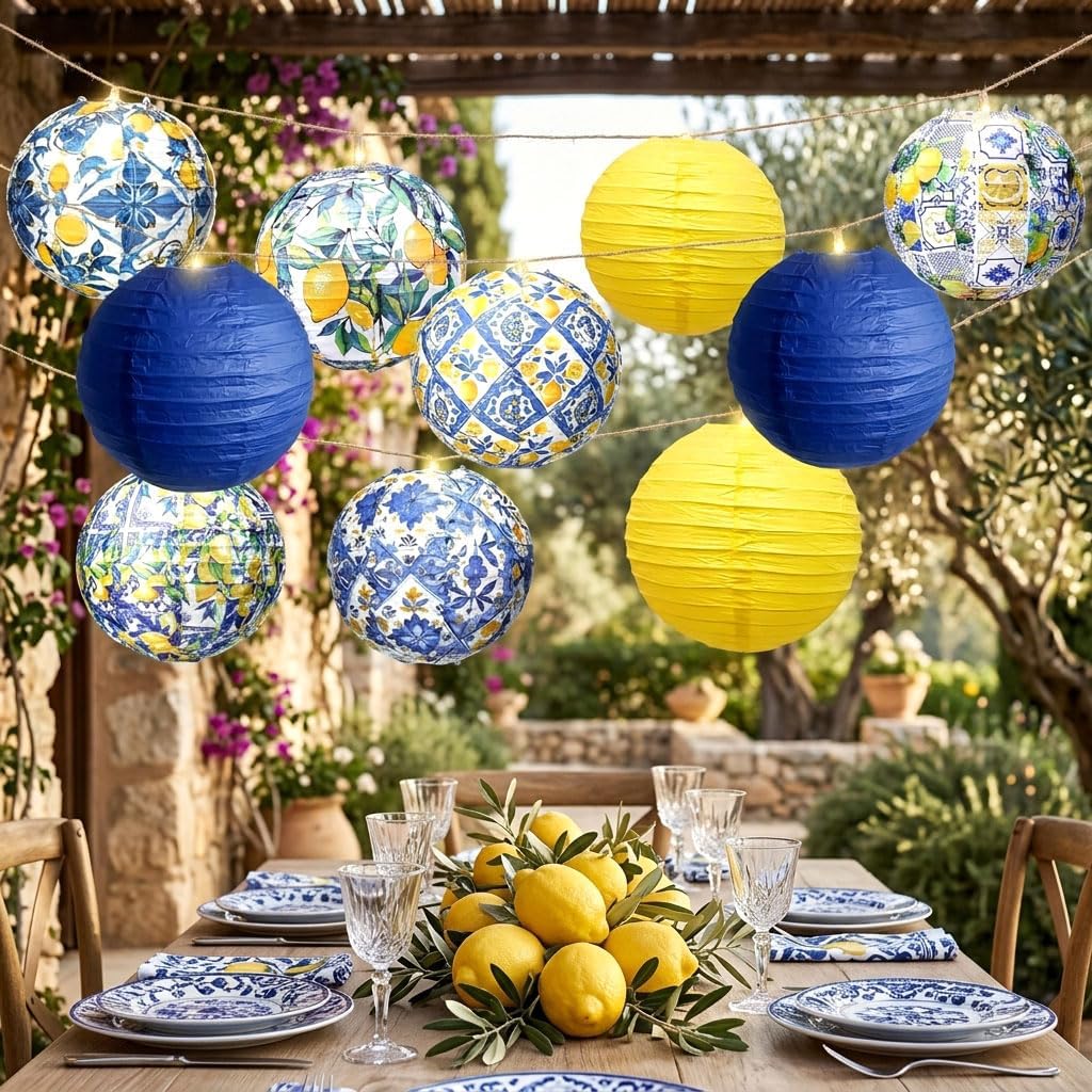 10Pcs Blue Tiles Capri Lemon Paper Lanterns Amalfi Coast Party Decorations | Mediterranean Hanging Paper Lanterns Capri Lemon Party Decorations Blue Tiles Lemon Amalfi Coast Home Wall Decor Supplies