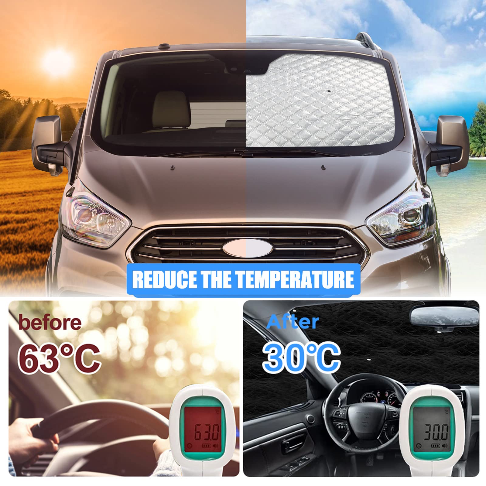 Pare Soleil Voiture Interieur pour Transit Custom 2012-2026, Lot de 3 Pare Soleil Voiture Pare Brise Avant Pliable pour Intimité et Régulation Thermique en Camping-Car