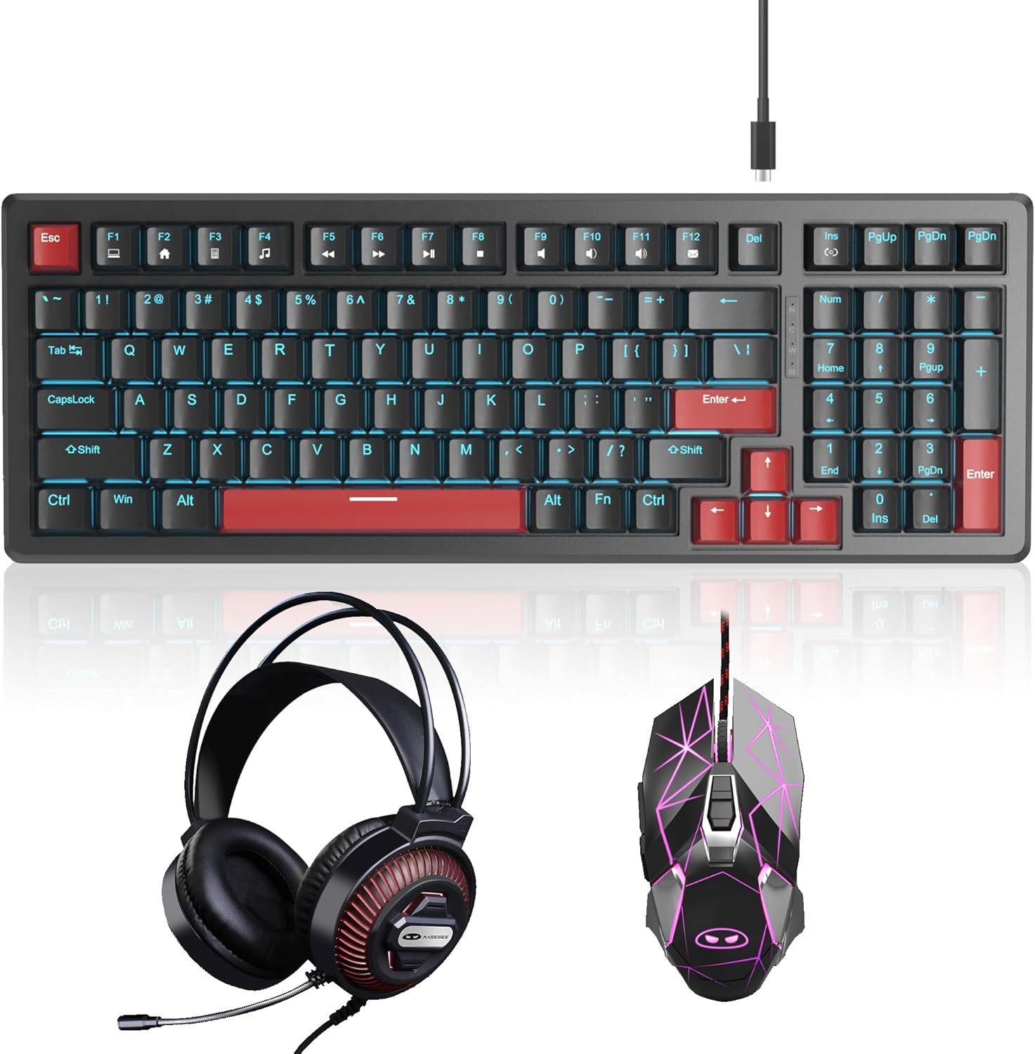 MageGee Wired Gaming Keyboard and Mouse Headset Combo, Blue Switch Mechanical Blue