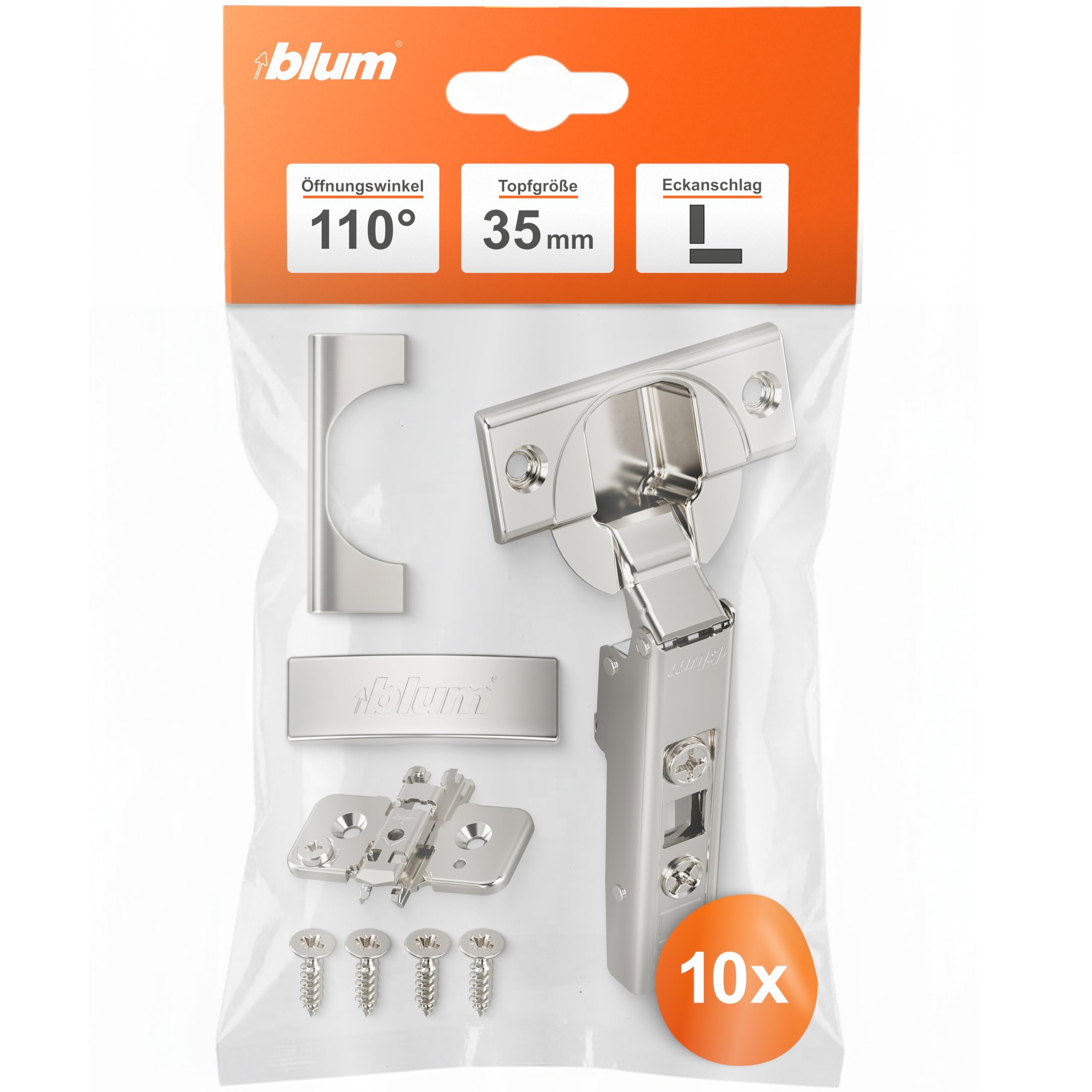 Blum Clip Top Furniture Hinge 110° Straight with Spring Corner Stop + Blum Clip Eccentric Cross Mounting Plate Steel Screw Variant Distance 0 mm Pot Hinge Diameter 35 mm Pack of 10