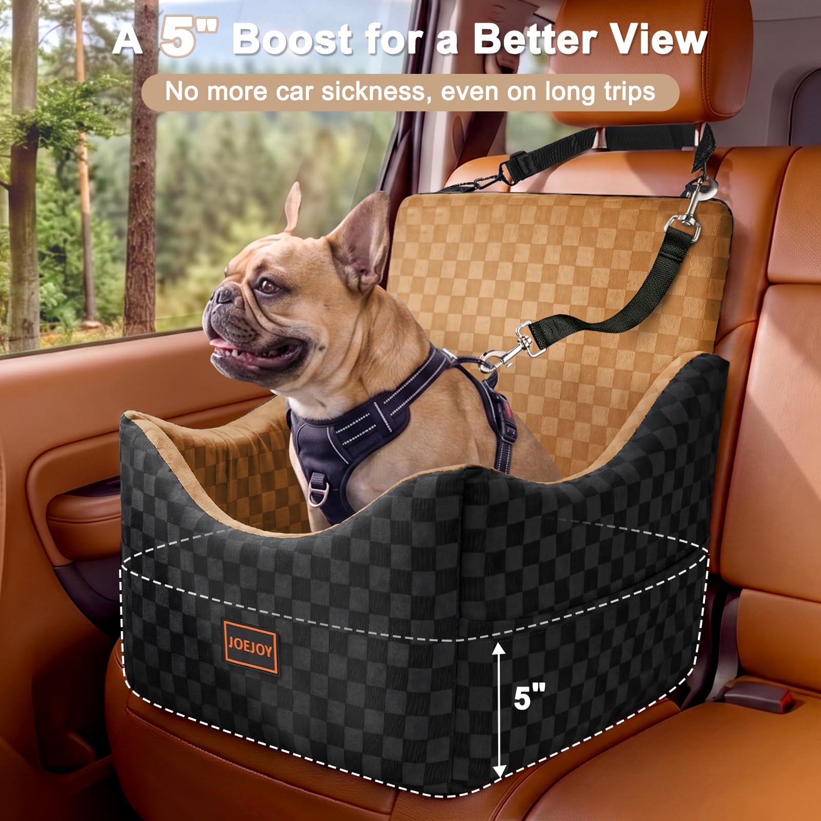 JOEJOY Erhöhter Hundeautositz für kleine/mittelgroße Hunde bis zu 15,9 kg, Memory-Schaum, Haustier-Sitzerhöhung mit abnehmbarem, waschbarem Bezug, tragbares, reisesicheres Bett für Autos mit