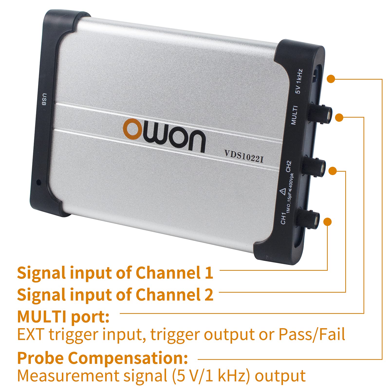 OWON VDS1022i Oscilloscopio USB Basato su PC, 2+1 (Multi) Canali Portatile, Virtuale Con Larghezza di Banda 25 MHz e Isolamento del Canale