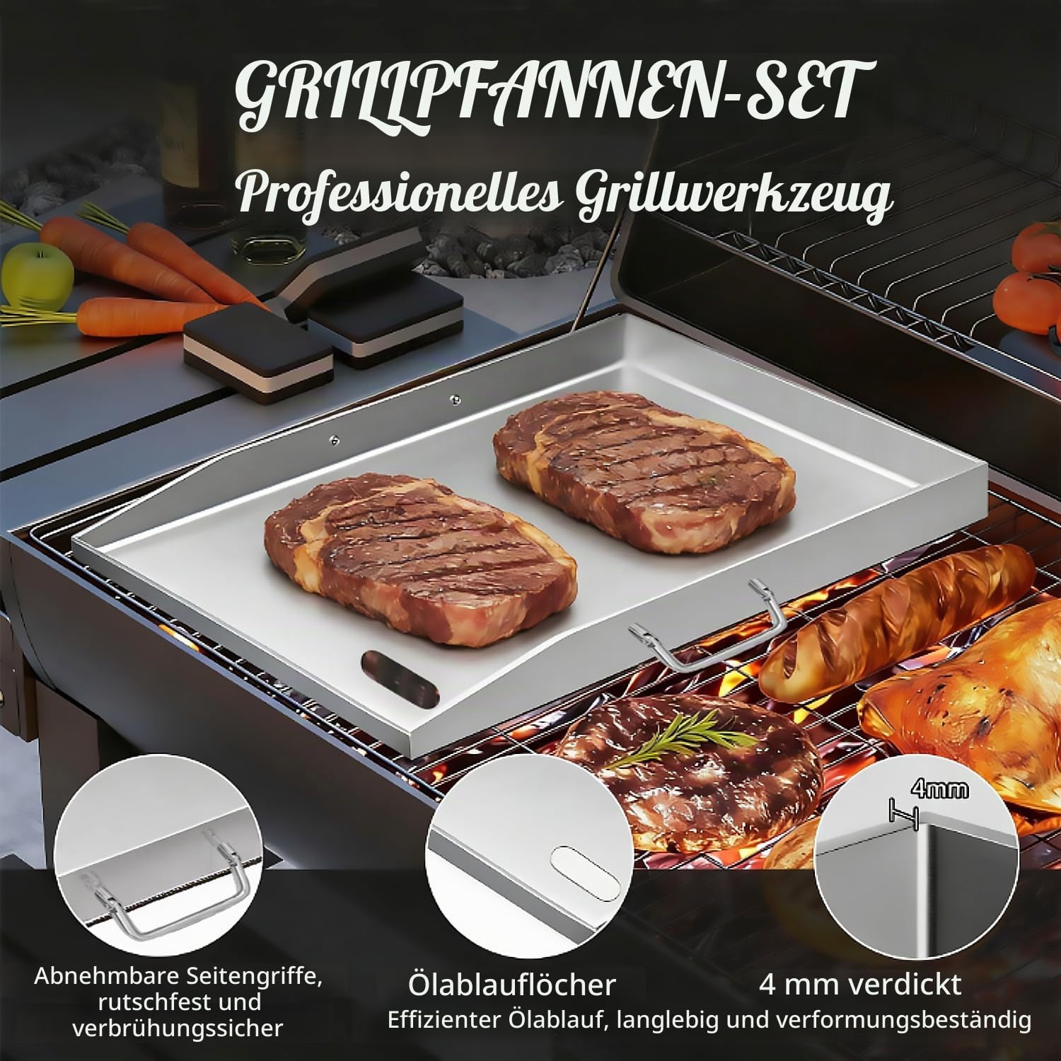 devesanter Grillplatte 40x30cm aus Edelstahl mit Grillspachtel Set | Robuste 304 Edelstahlplatte mit Ölablaufrille. Ideal für Feuerstelle, Grill, Ofen und Herd, inklusive praktischem Zubehör.