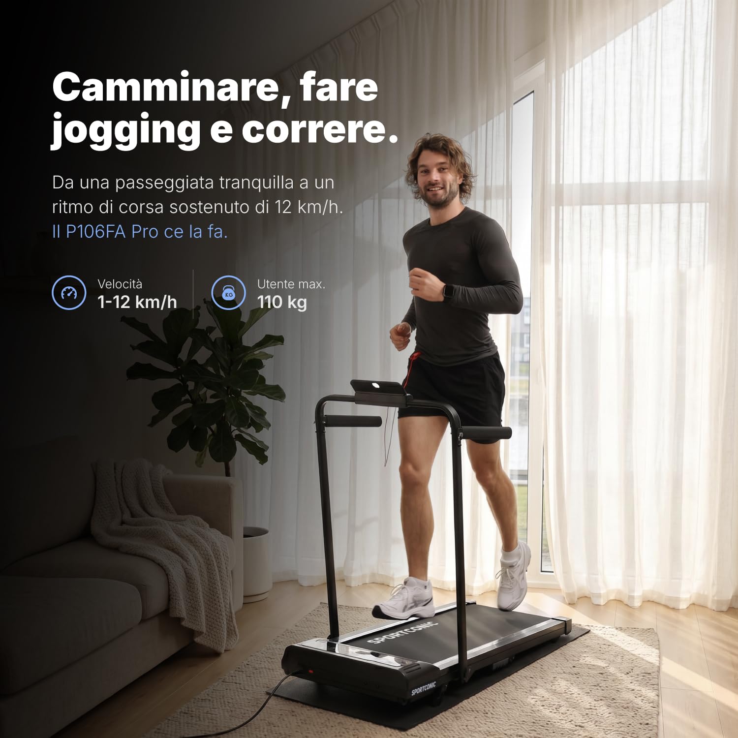 Sportconic Tapis Roulant Elettrico Pieghevole con Inclinazione, Walking Pad Silenzioso Salvaspazio, Tapirulan da Casa per Allenamento Ufficio (Escluso il tappetino protettivo, 1-12 km/h (P106FA))