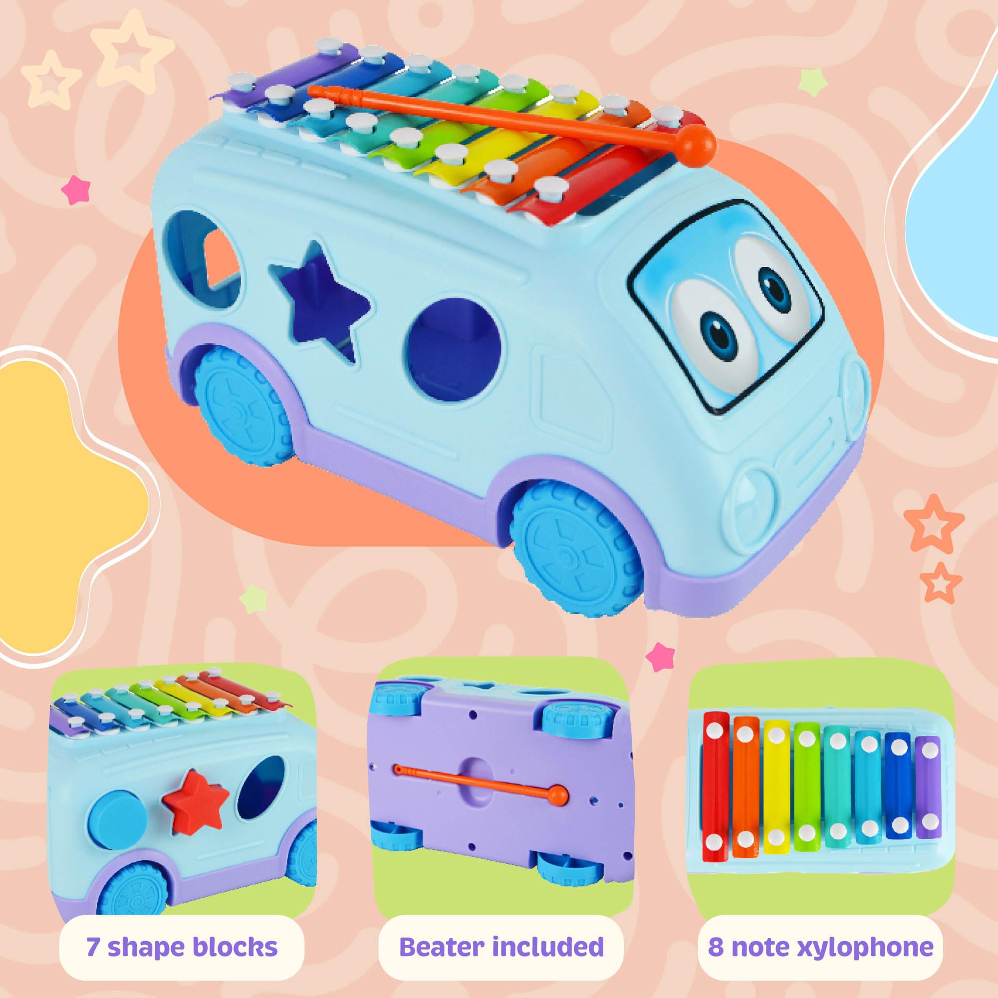 Little Star Pull Along Musical Bus Xylophone, Colourful Engaging Shape Sorter for Interactive Musical Development - Image 2