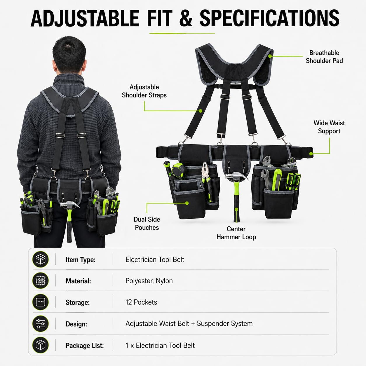Cintura Porta Attrezzi Con Bretelle, Cintura Portautensili Combinati Borsa Attrezzi Bretelle,12 Tasche Vita Regolabile Cinghia Portautensili Per Elettricisti, Carpentieri, Giardinieri