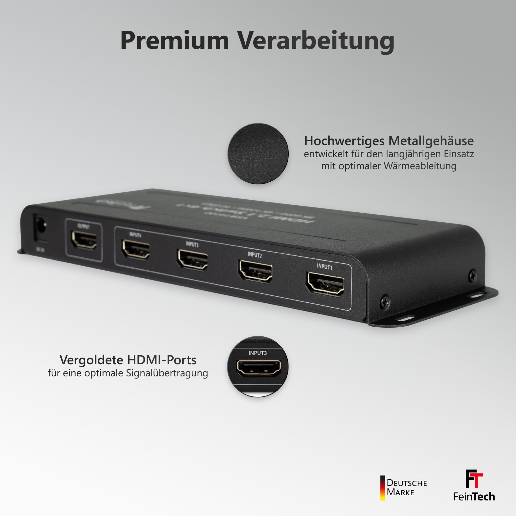 FeinTech VSW14100 HDMI 2.1 Switch 4K 120Hz Ultra-HD 4x1 Umschalter automatisch 8K 4 in 1 Out für Xbox PS5 TV Monitor HDR VRR