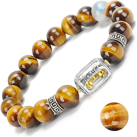 Oilcnik Natural 10mm Tiger Eye Bracelet with Luminous Bead – Men Meditation Jewelry for Courage & Spiritual Protection