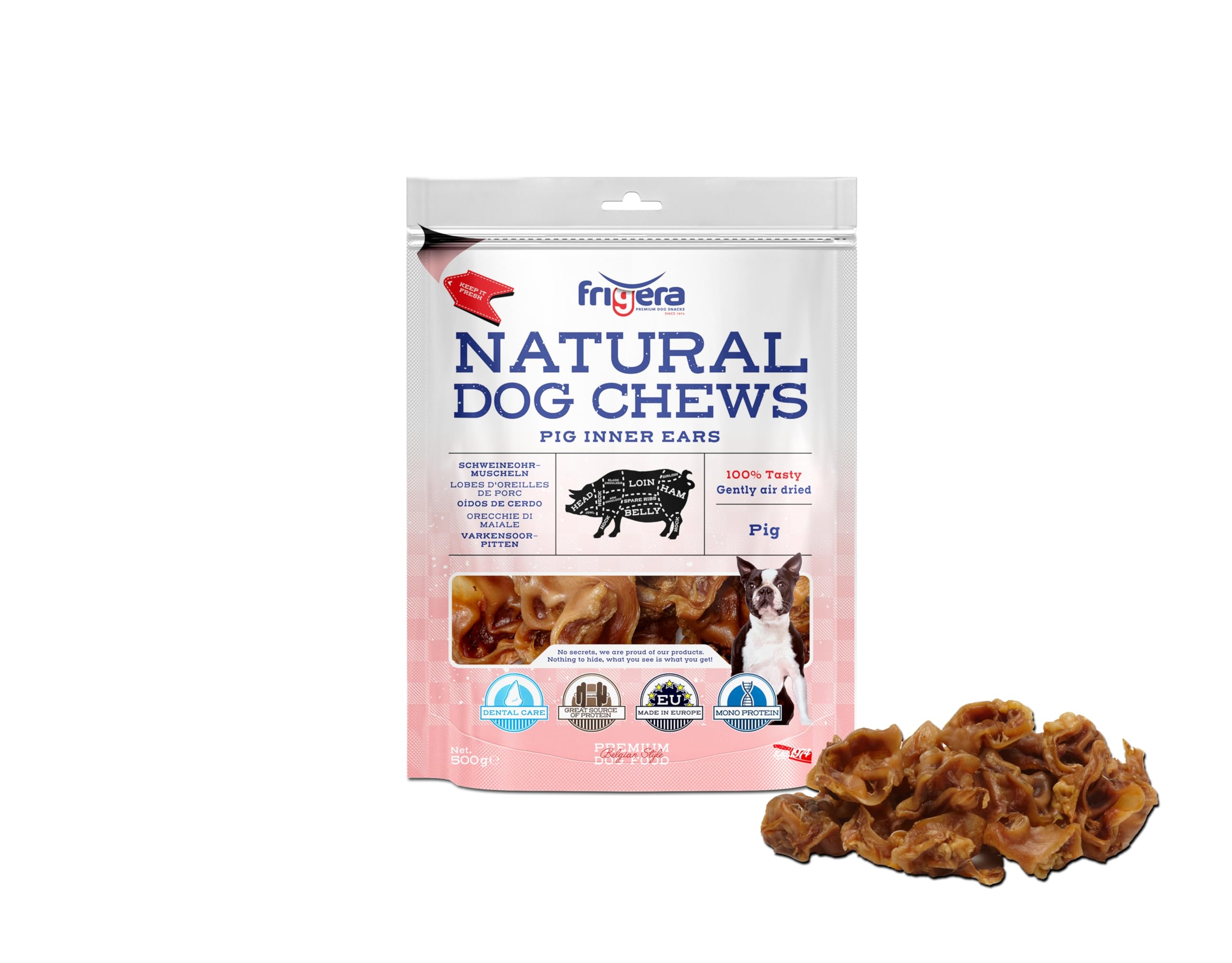 Frigera Lobes d'oreilles de Porc 500g – Friandises Naturelles et Riches en protéines pour Chiens, sans Gluten ni céréales