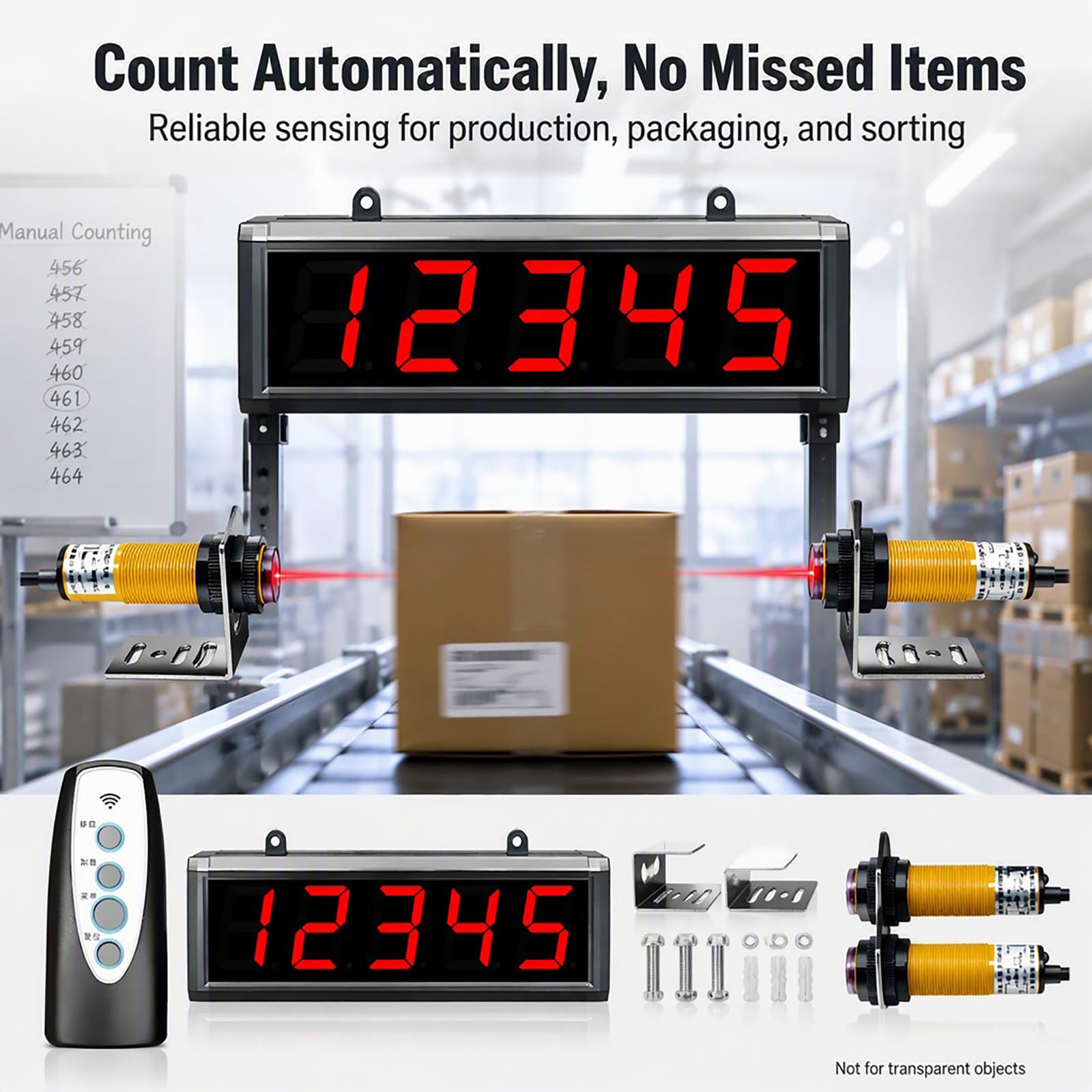 Compteur Numérique Automatique, Compteur LED Numérique 3" À 5 Chiffres avec Télécommande, Plage De Comptage De 1 À 99 999, Distance De Détection du Capteur : 5 m, pour Usine