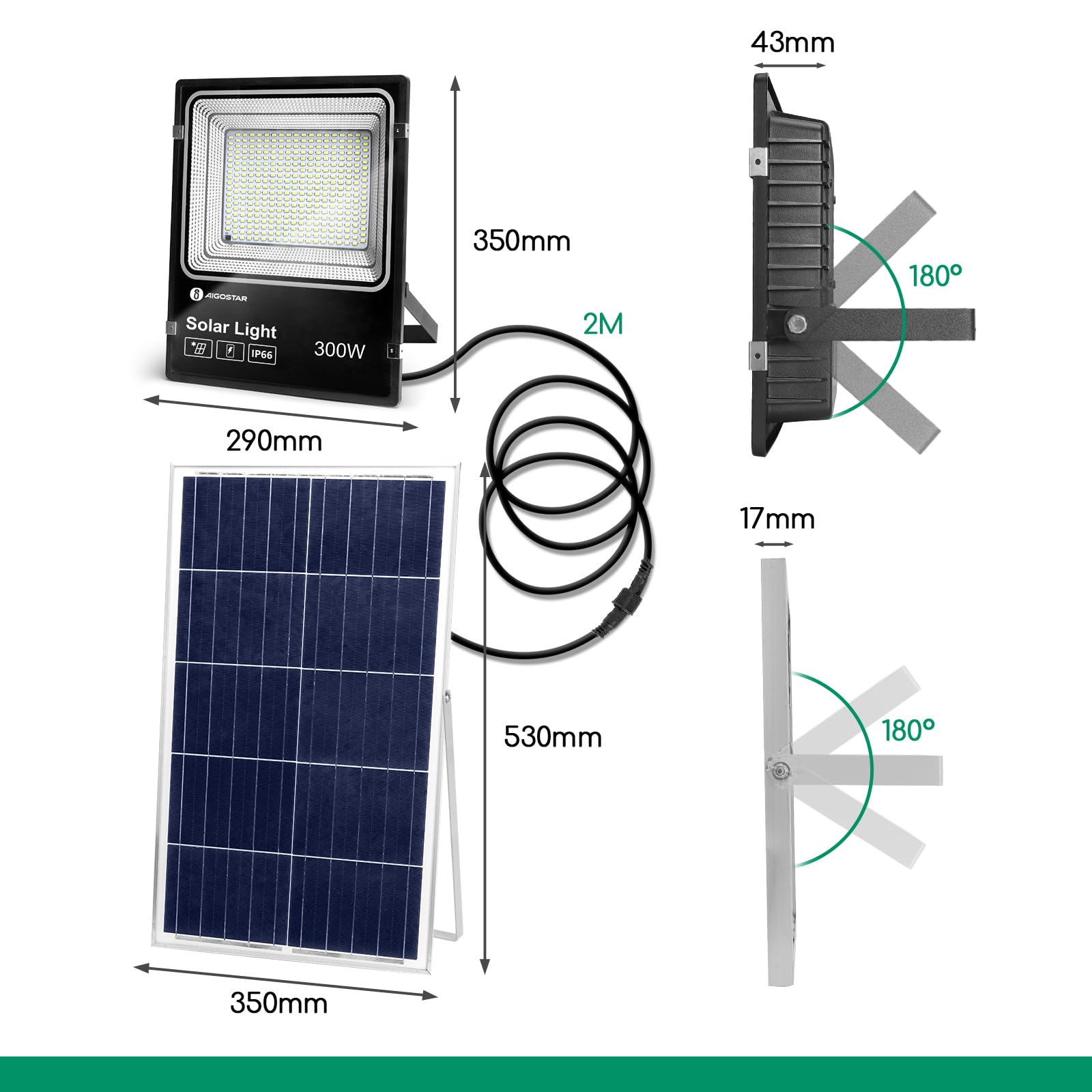Aigostar - Foco proyector LED solar con mando a distancia，300W，6500K luz blanca.Resistente al agua IP66.Perfectos para interior y exterior jardín，patios，caminos o garajes，Longitud de cable 2M.