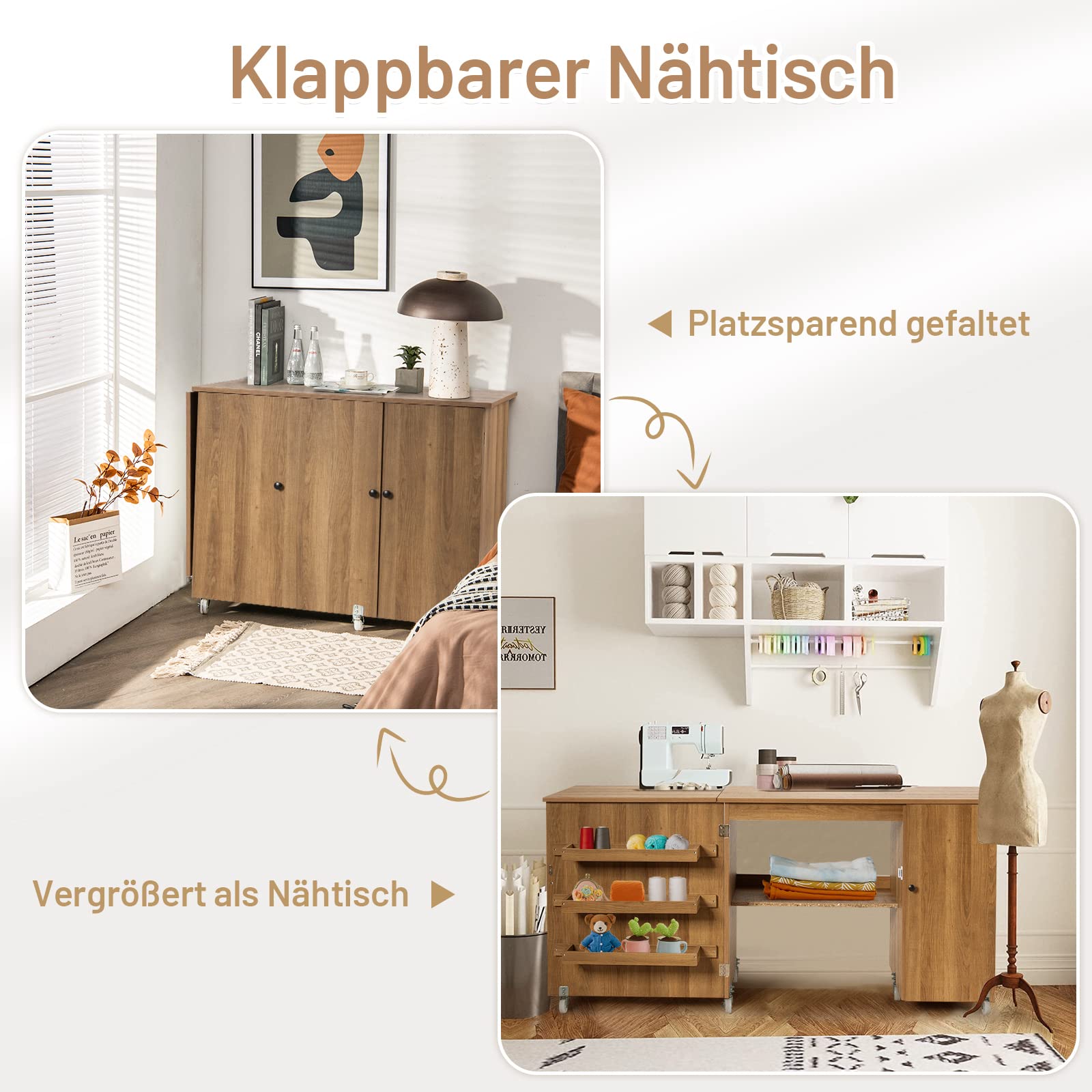 GOPLUS Klappbarer Nähtisch, 2 in 1 Nähschrank & Schreibtisch, Nähmaschinentisch auf Rollen, 3 Seitenfächer & 1 Schrank, 2 arretierbare Rollen, für Wohnzimmer Schlafzimmer Büro (Natur)