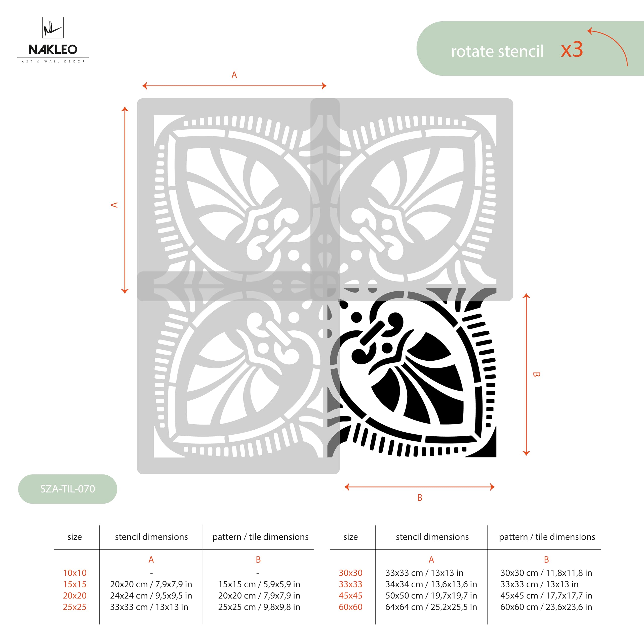 NAKLEO Fliesen Schablone zum Malen 60x60 cm, Lorca Schmetterling Blumen Ornament, Kunststoff Wiederverwendbare Große Bodenschablone DIY, Holz Möbel Wand Dekoration