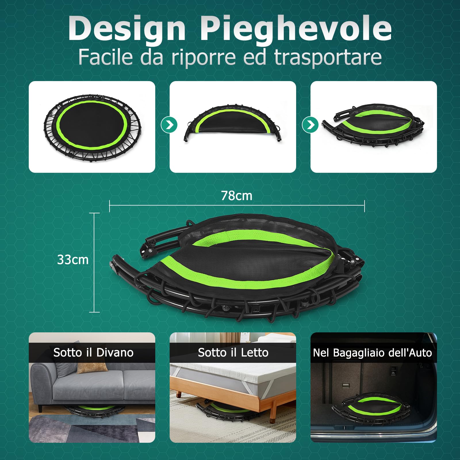 GYMAX Mini Trampolino Elastico Fitness, con 6 Supporti, 2 Cordini Elastici e Manubrio, Design Pieghevole e 4 Altezze Regolabili, Per Casa, Palestra, Blu