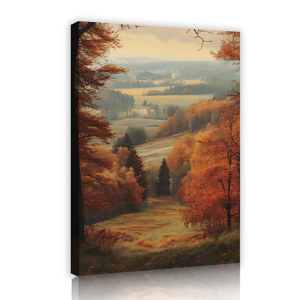 Via Vela Misty Valley Wall Art Canvas Poster Rolling Hills Meadow Painting Golden Autumn Woods Landscape Print Scenic Nature Picture for Living Room Classroom Decor 70x110cm
