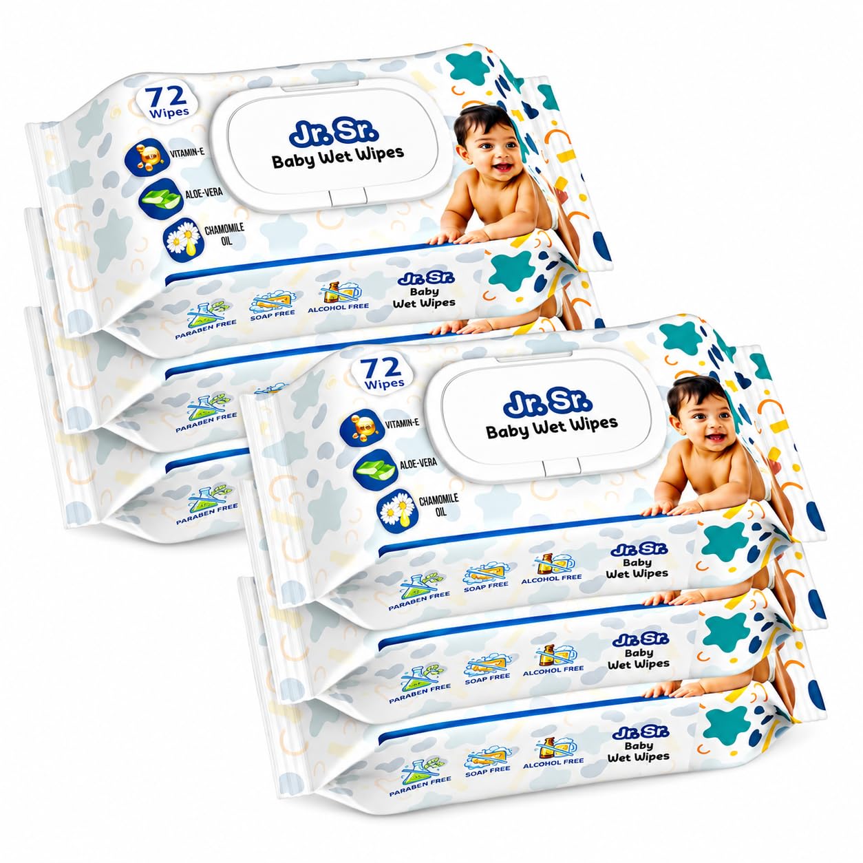 Jr. Sr. Baby Wipes | 72 Wipes (Pack of 6, 432 Wipes Total) | Extra Soft Wet Wipes for Newborn, Infant & Toddler Skin Care | Dermatologically Tested | Enriched with Aloe Vera, Vitamin E & Chamomile | Paraben-Free, Alcohol-Free, Fragrance-Free | Gentle Daily Cleansing Wipes-image-8