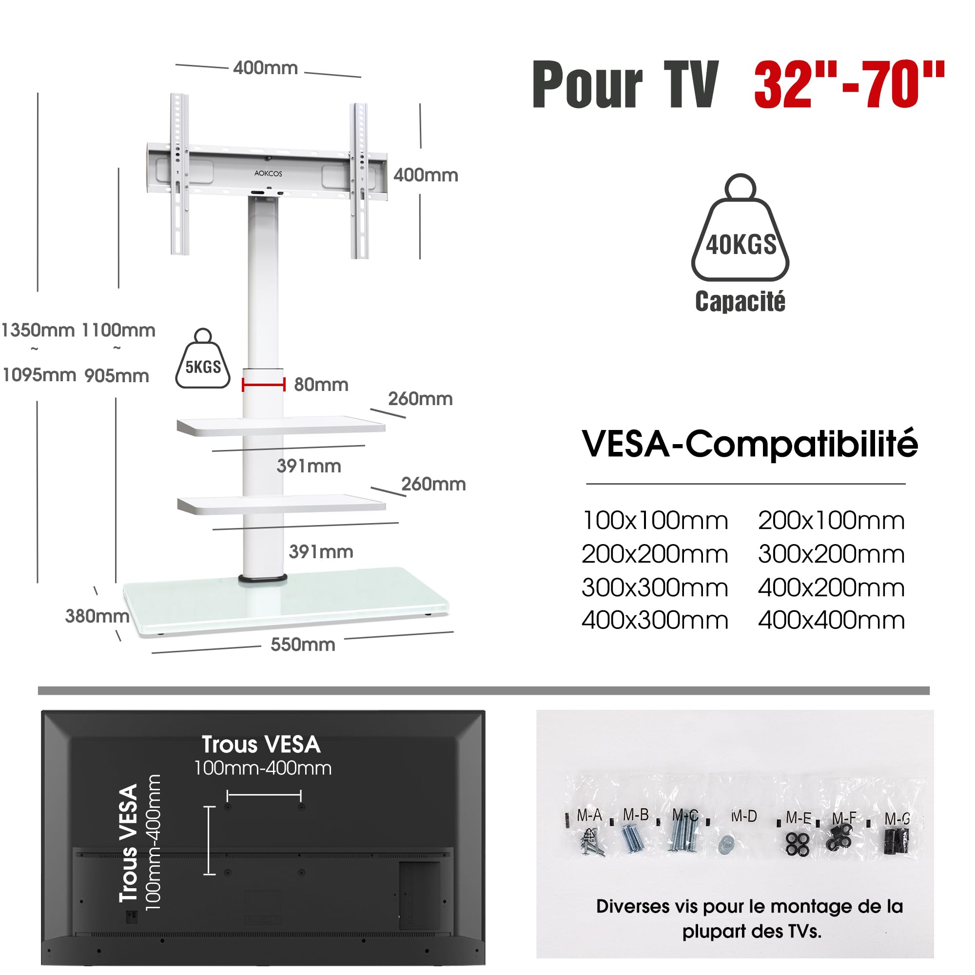 AOKCOS Support TV pour téléviseur Plat et incurvé de 32 à 70" - Hauteur réglable - Orientable - 3 étagères - VESA 400 x 400 mm