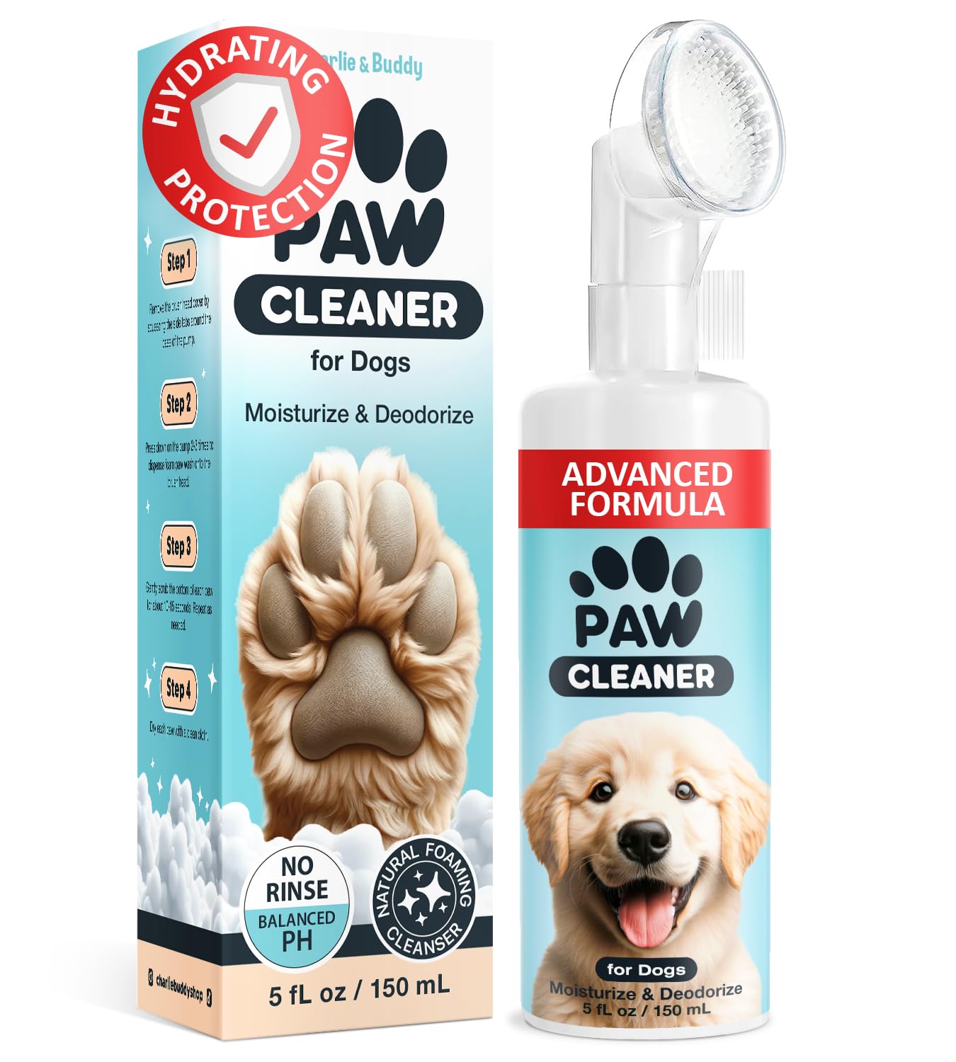 Charlie & Buddy Dog Paw Cleaner for Dogs of Small, Medium, Large Sizes, No-Rinse Foaming Cleanser, Paw Scrubber for Dogs Free of Parabens, Sulfates, Fragrances, Moisturize and Deodorize