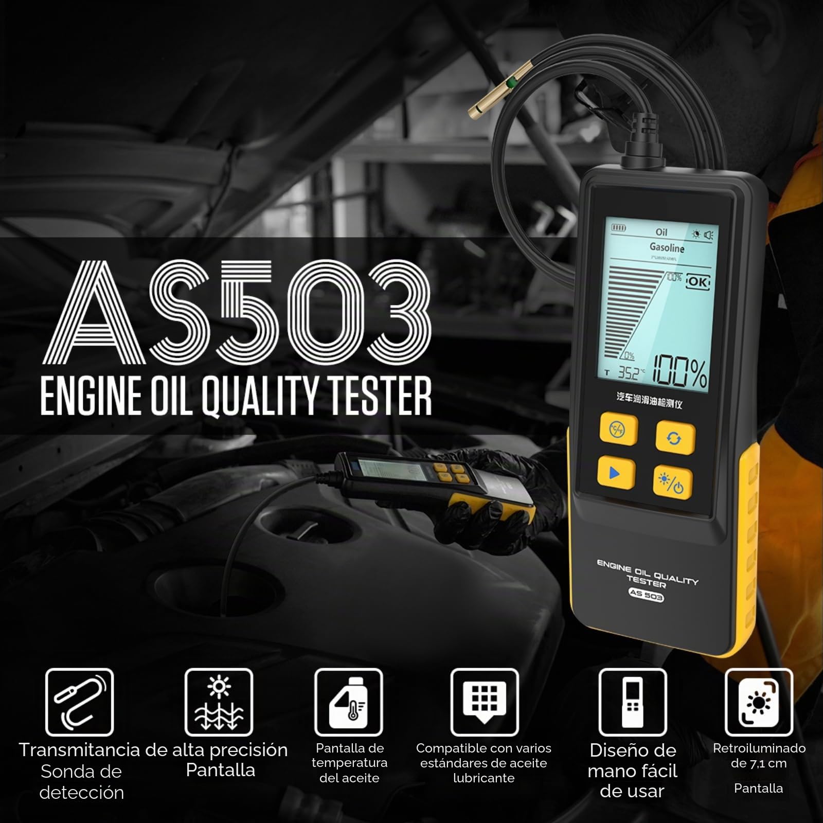 AS503 - Probador de calidad de aceite de motor, probador de lubricante de mano con sensor óptico de alta precisión, pantalla LCD retroiluminada, detección de temperatura del aceite y transmitancia
